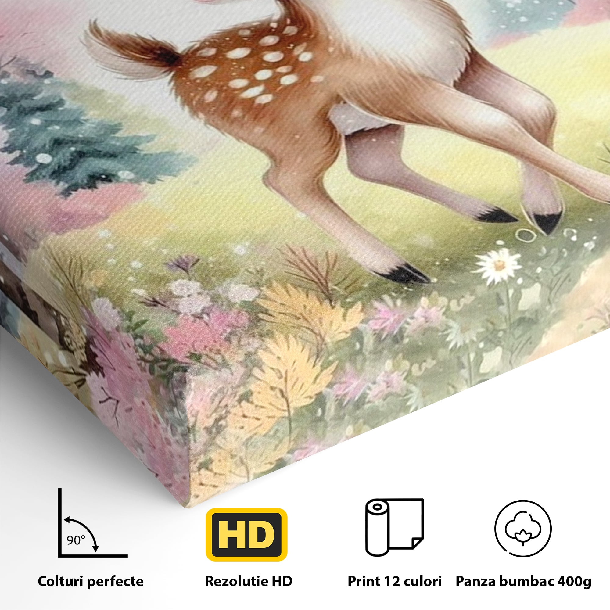 Leinwand Wandkunst Leinwand Premium, LuxCanva® K1068, Kinder Fabel, Hirsch, Tier, Wald, Blumen, Pastell, Frühling, liebenswert, liebenswert, Babyzimmer, Schlafzimmer