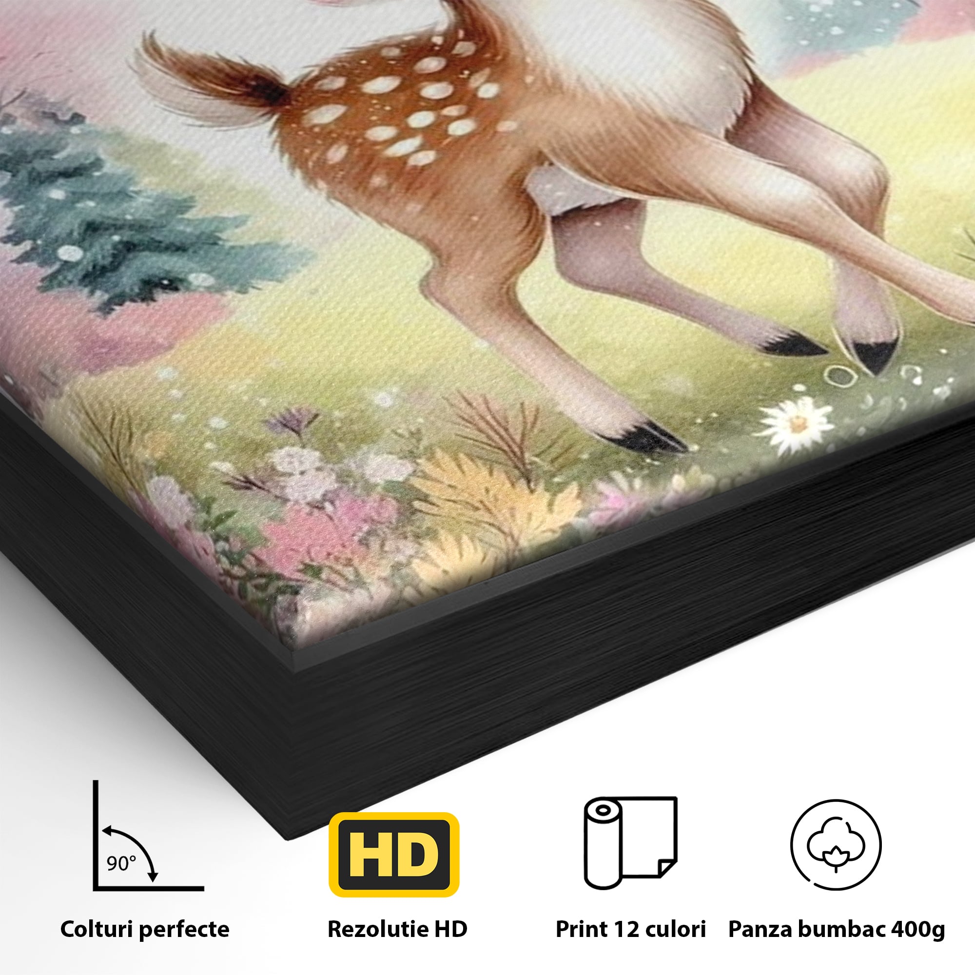 Leinwand Wandkunst Leinwand Premium, LuxCanva® K1068, Kinder Fabel, Hirsch, Tier, Wald, Blumen, Pastell, Frühling, liebenswert, liebenswert, Babyzimmer, Schlafzimmer