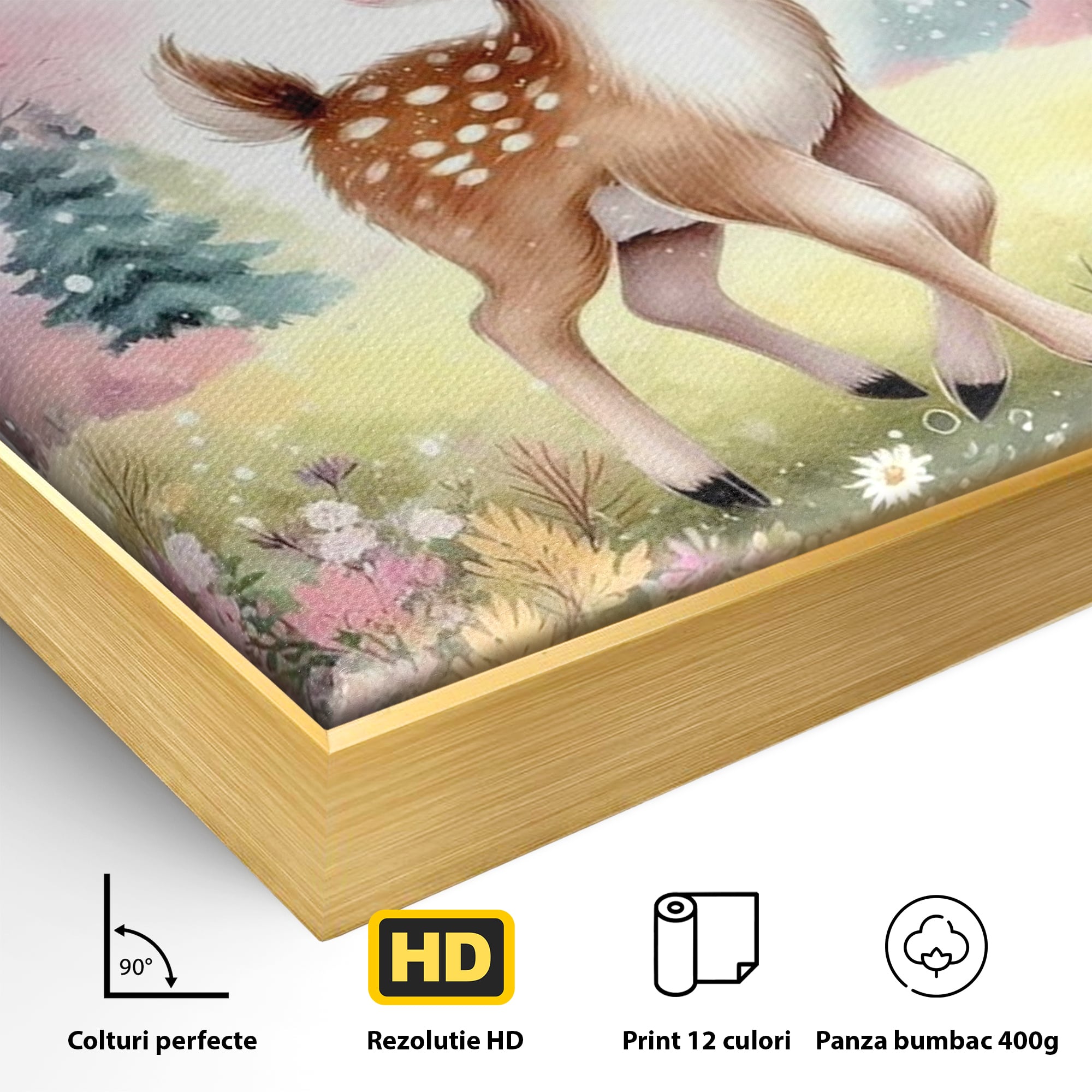 Leinwand Wandkunst Leinwand Premium, LuxCanva® K1068, Kinder Fabel, Hirsch, Tier, Wald, Blumen, Pastell, Frühling, liebenswert, liebenswert, Babyzimmer, Schlafzimmer
