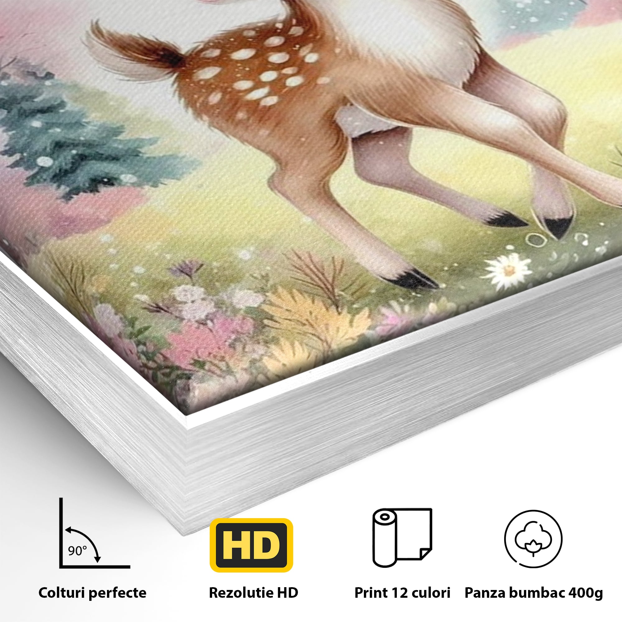 Leinwand Wandkunst Leinwand Premium, LuxCanva® K1068, Kinder Fabel, Hirsch, Tier, Wald, Blumen, Pastell, Frühling, liebenswert, liebenswert, Babyzimmer, Schlafzimmer