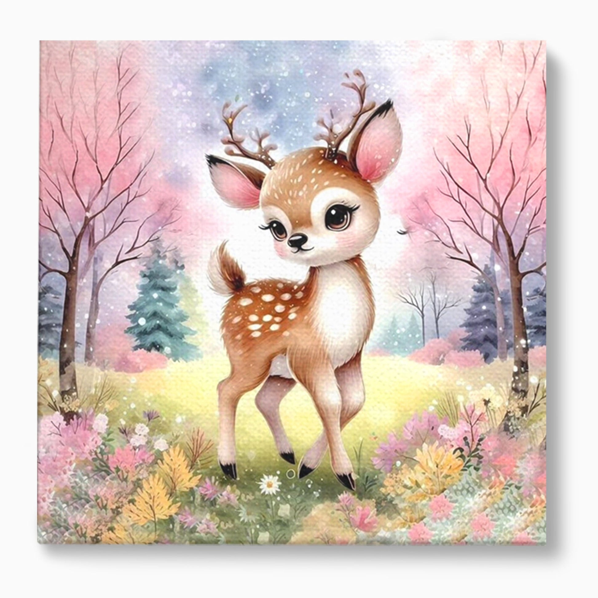 Leinwand Wandkunst Leinwand Premium, LuxCanva® K1068, Kinder Fabel, Hirsch, Tier, Wald, Blumen, Pastell, Frühling, liebenswert, liebenswert, Babyzimmer, Schlafzimmer