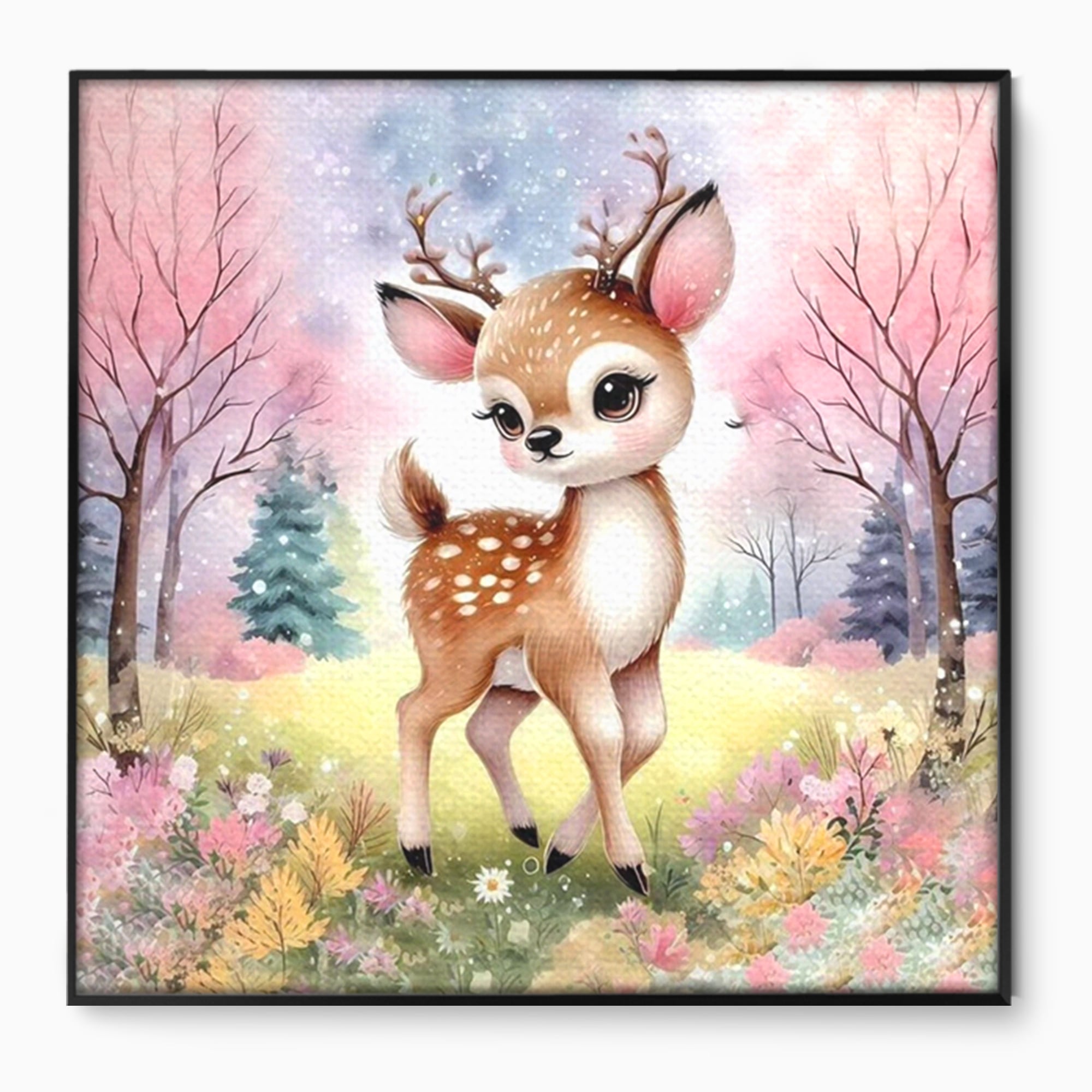 Leinwand Wandkunst Leinwand Premium, LuxCanva® K1068, Kinder Fabel, Hirsch, Tier, Wald, Blumen, Pastell, Frühling, liebenswert, liebenswert, Babyzimmer, Schlafzimmer