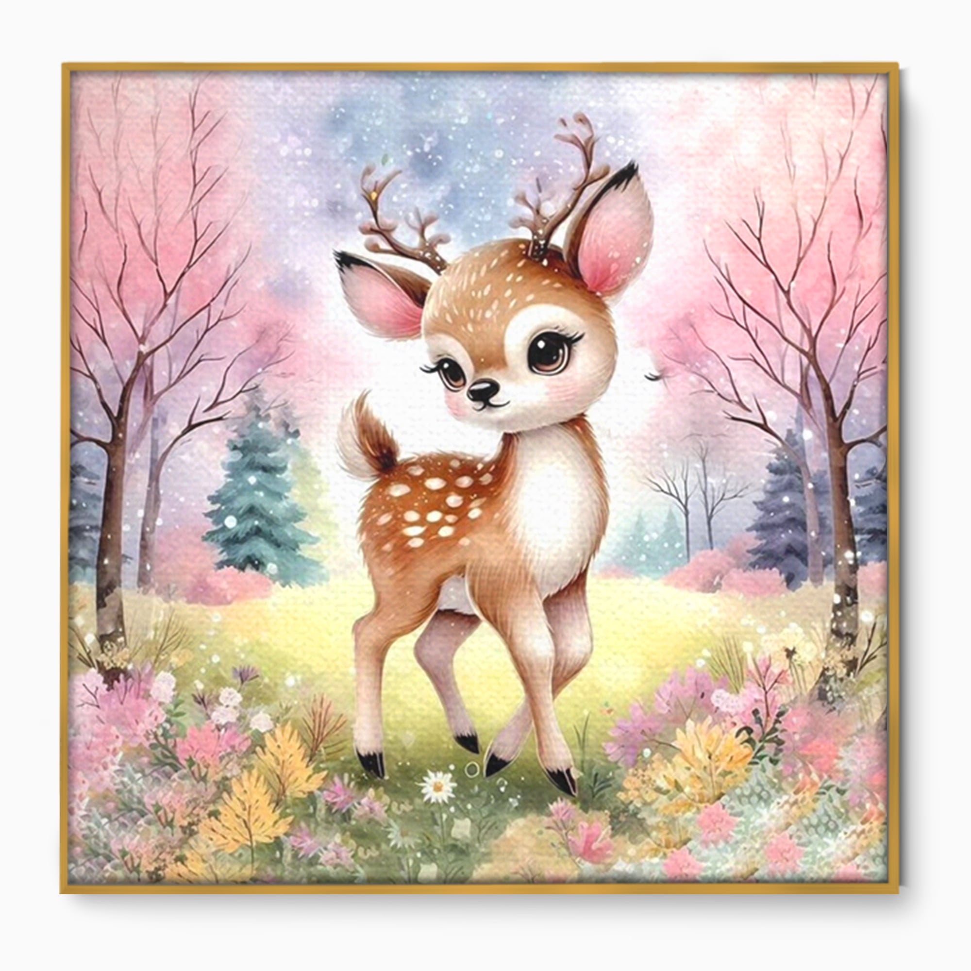 Leinwand Wandkunst Leinwand Premium, LuxCanva® K1068, Kinder Fabel, Hirsch, Tier, Wald, Blumen, Pastell, Frühling, liebenswert, liebenswert, Babyzimmer, Schlafzimmer
