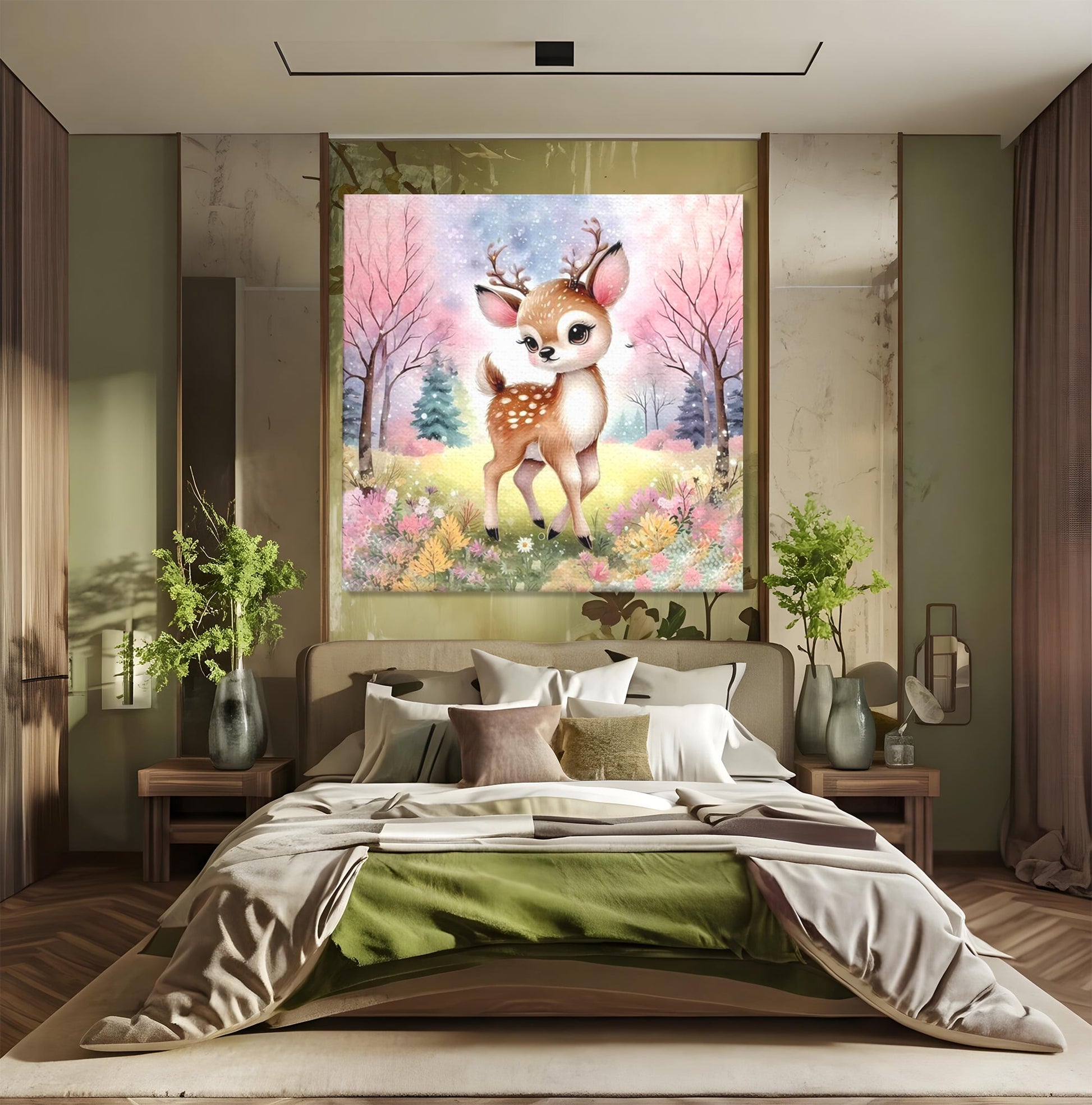 Leinwand Wandkunst Leinwand Premium, LuxCanva® K1068, Kinder Fabel, Hirsch, Tier, Wald, Blumen, Pastell, Frühling, liebenswert, liebenswert, Babyzimmer, Schlafzimmer