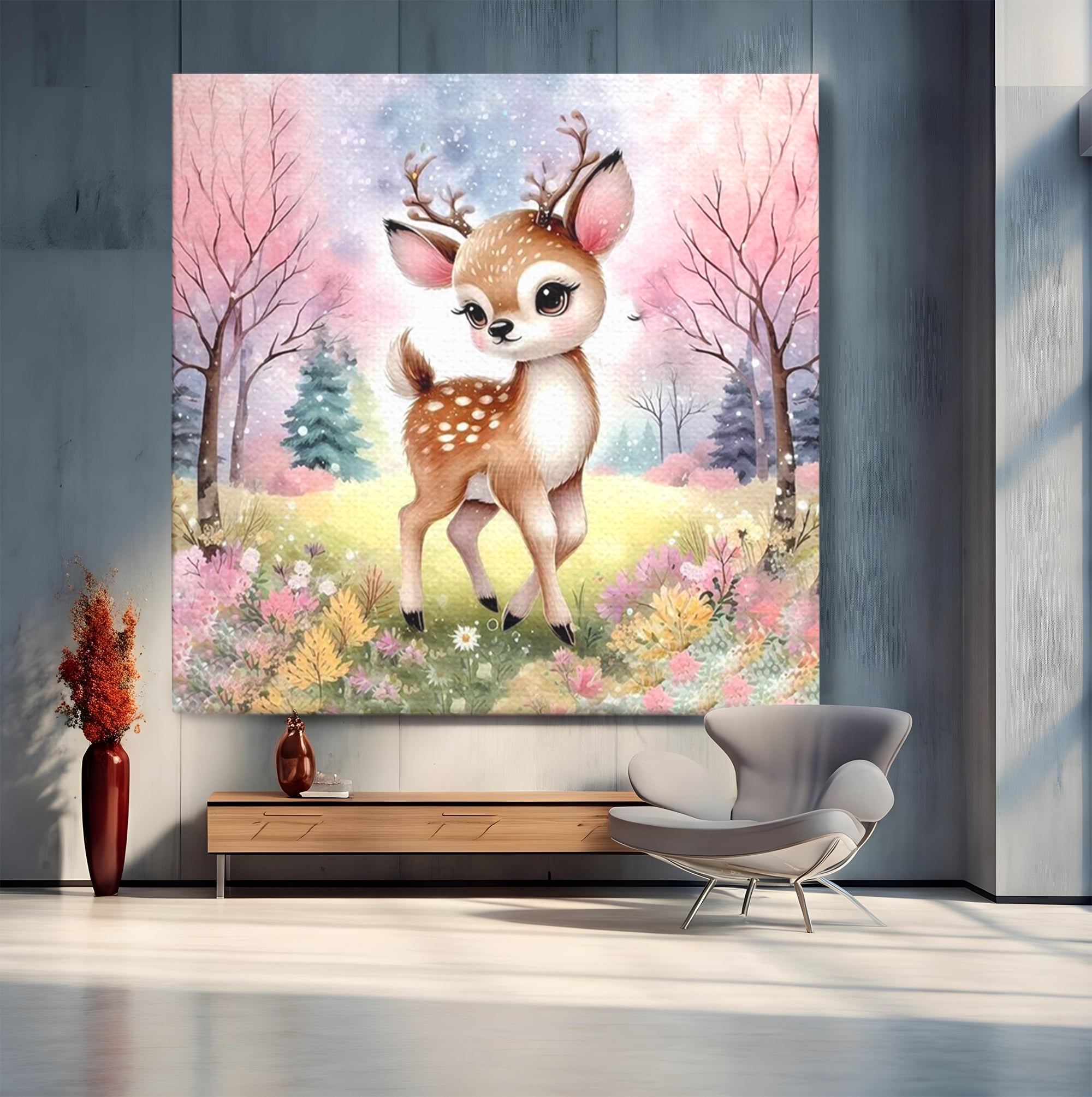 Leinwand Wandkunst Leinwand Premium, LuxCanva® K1068, Kinder Fabel, Hirsch, Tier, Wald, Blumen, Pastell, Frühling, liebenswert, liebenswert, Babyzimmer, Schlafzimmer
