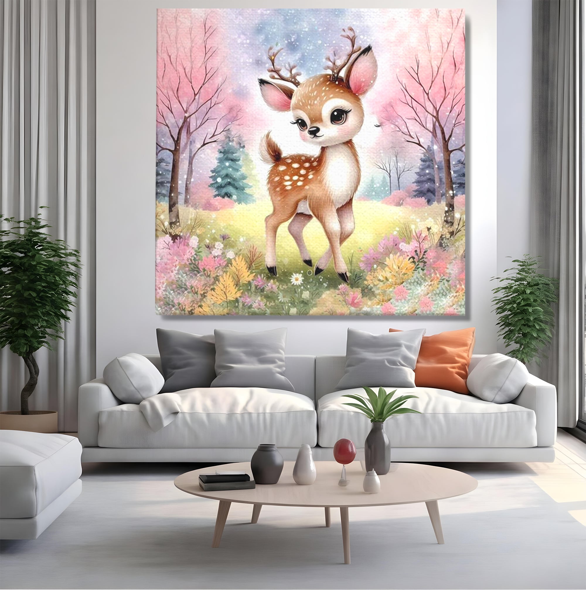Leinwand Wandkunst Leinwand Premium, LuxCanva® K1068, Kinder Fabel, Hirsch, Tier, Wald, Blumen, Pastell, Frühling, liebenswert, liebenswert, Babyzimmer, Schlafzimmer