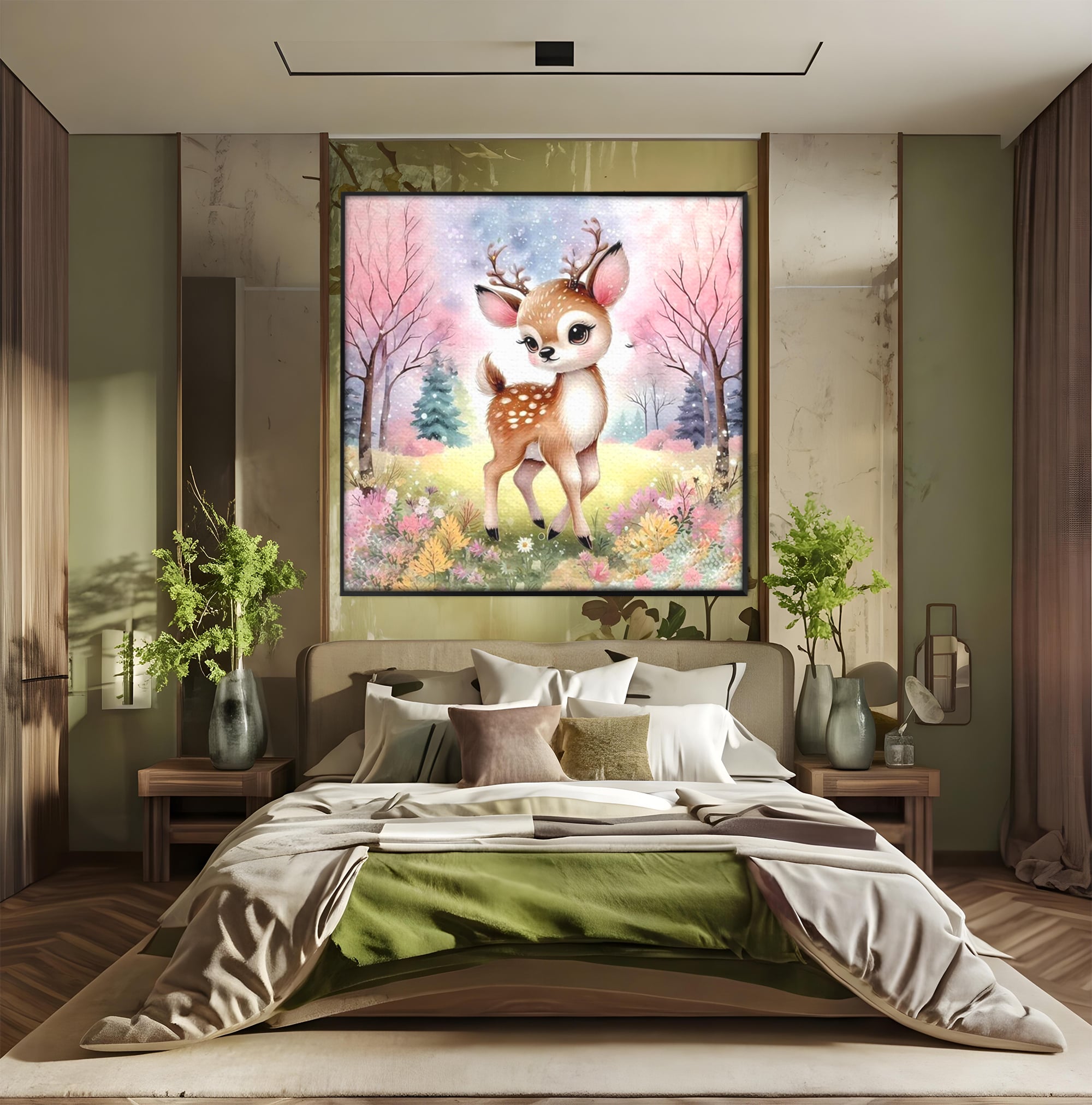 Leinwand Wandkunst Leinwand Premium, LuxCanva® K1068, Kinder Fabel, Hirsch, Tier, Wald, Blumen, Pastell, Frühling, liebenswert, liebenswert, Babyzimmer, Schlafzimmer