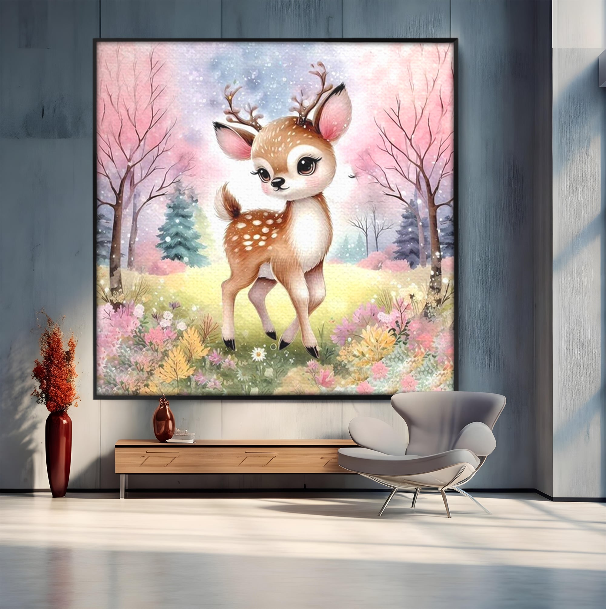 Leinwand Wandkunst Leinwand Premium, LuxCanva® K1068, Kinder Fabel, Hirsch, Tier, Wald, Blumen, Pastell, Frühling, liebenswert, liebenswert, Babyzimmer, Schlafzimmer
