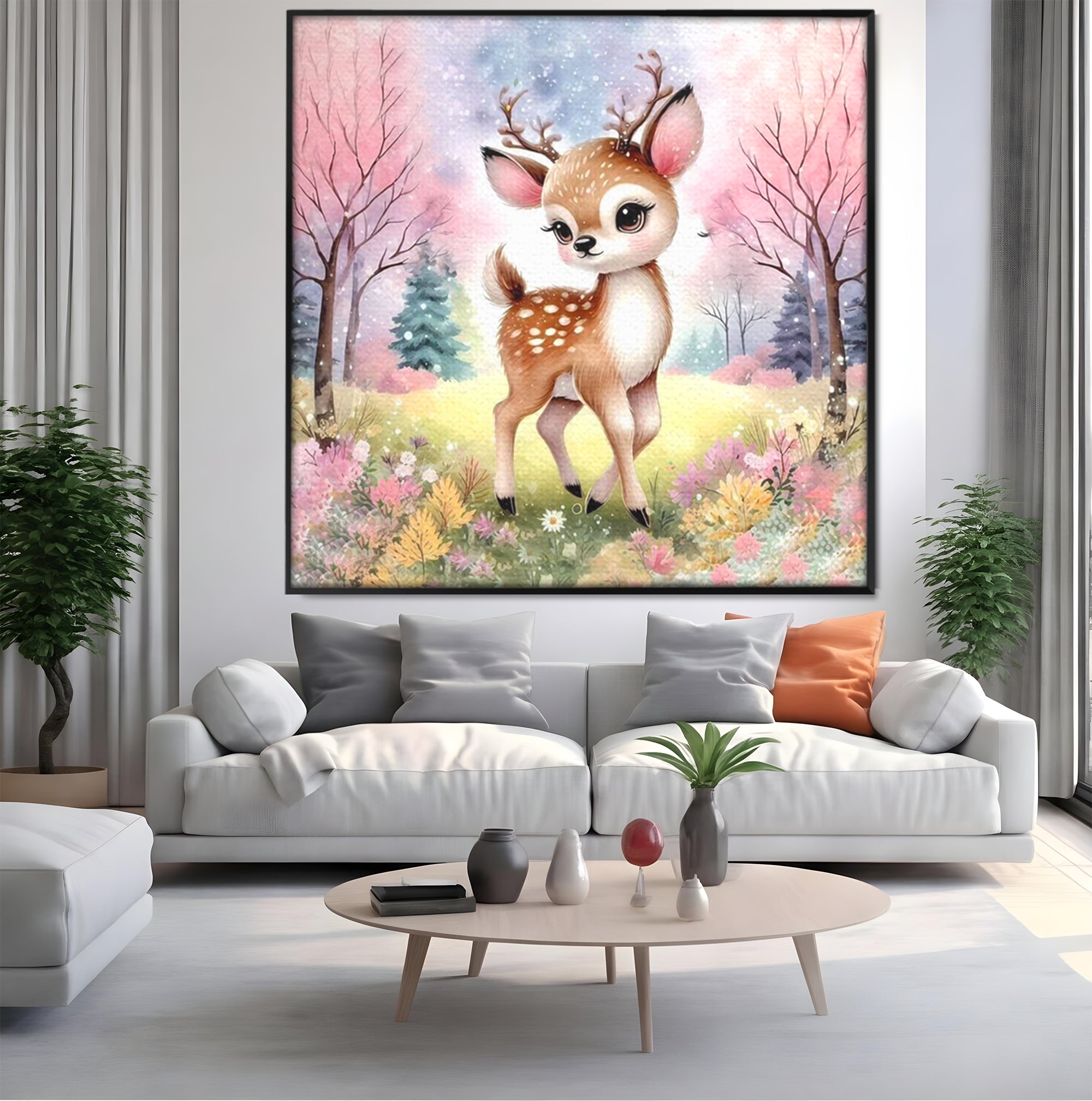Leinwand Wandkunst Leinwand Premium, LuxCanva® K1068, Kinder Fabel, Hirsch, Tier, Wald, Blumen, Pastell, Frühling, liebenswert, liebenswert, Babyzimmer, Schlafzimmer