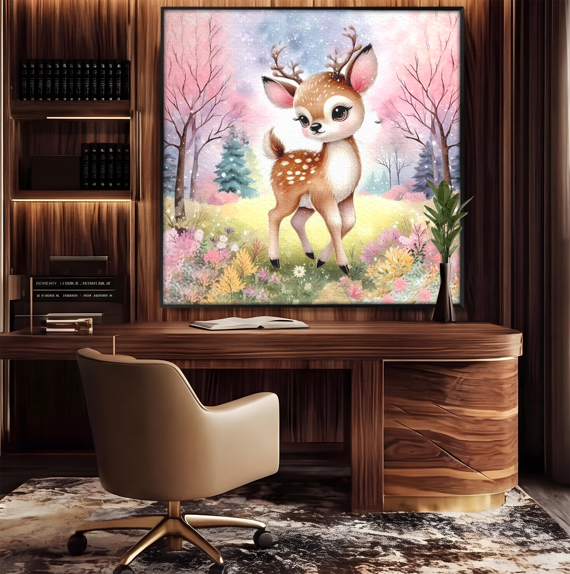 Leinwand Wandkunst Leinwand Premium, LuxCanva® K1068, Kinder Fabel, Hirsch, Tier, Wald, Blumen, Pastell, Frühling, liebenswert, liebenswert, Babyzimmer, Schlafzimmer