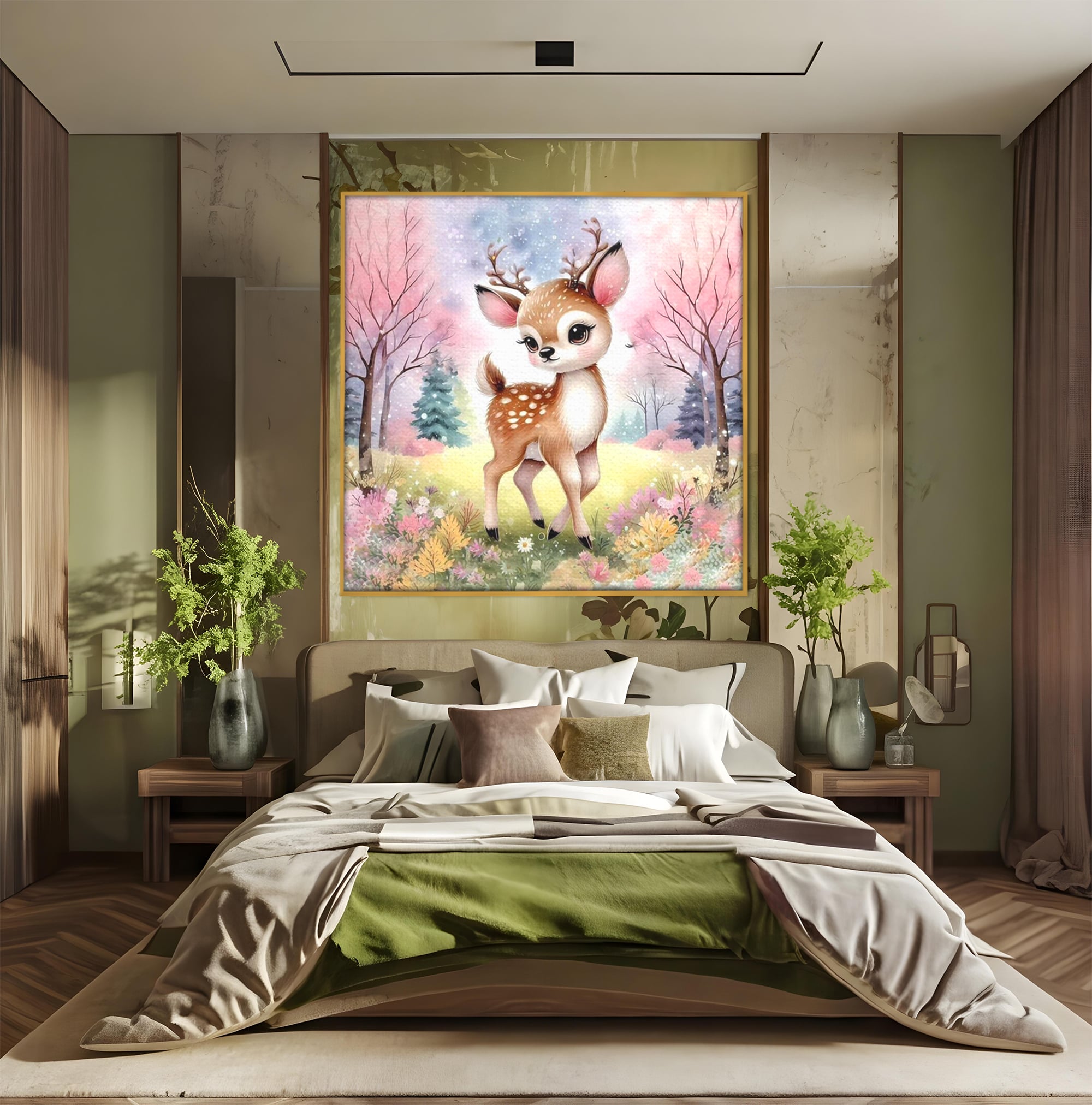 Leinwand Wandkunst Leinwand Premium, LuxCanva® K1068, Kinder Fabel, Hirsch, Tier, Wald, Blumen, Pastell, Frühling, liebenswert, liebenswert, Babyzimmer, Schlafzimmer