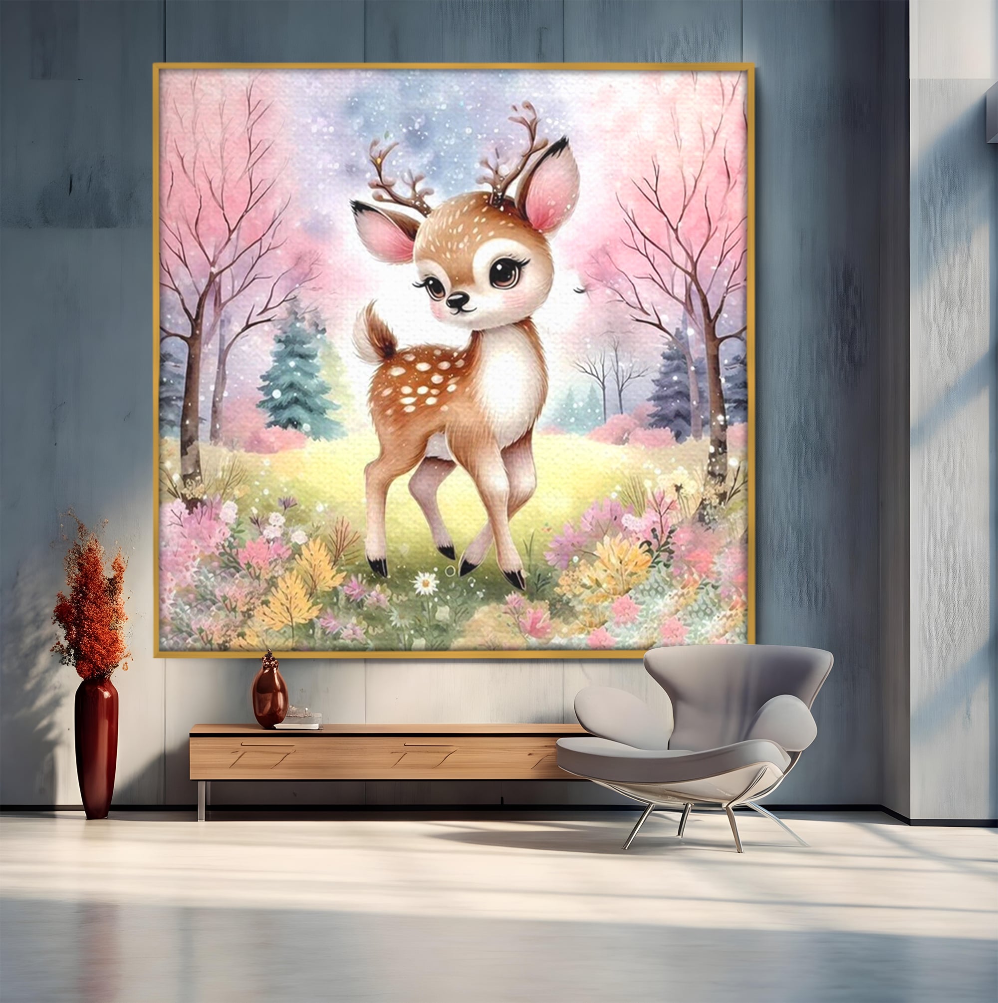 Leinwand Wandkunst Leinwand Premium, LuxCanva® K1068, Kinder Fabel, Hirsch, Tier, Wald, Blumen, Pastell, Frühling, liebenswert, liebenswert, Babyzimmer, Schlafzimmer