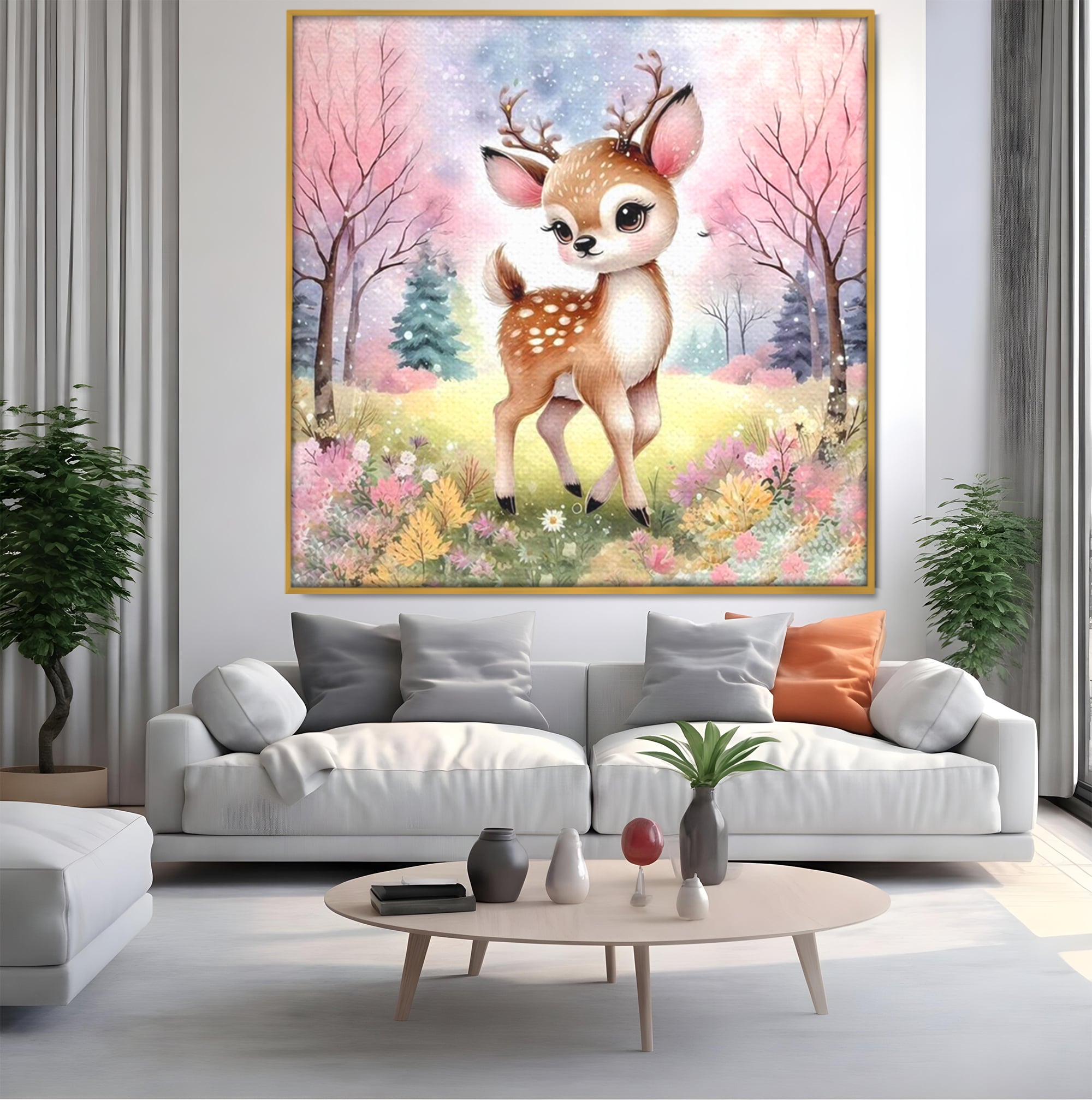 Leinwand Wandkunst Leinwand Premium, LuxCanva® K1068, Kinder Fabel, Hirsch, Tier, Wald, Blumen, Pastell, Frühling, liebenswert, liebenswert, Babyzimmer, Schlafzimmer