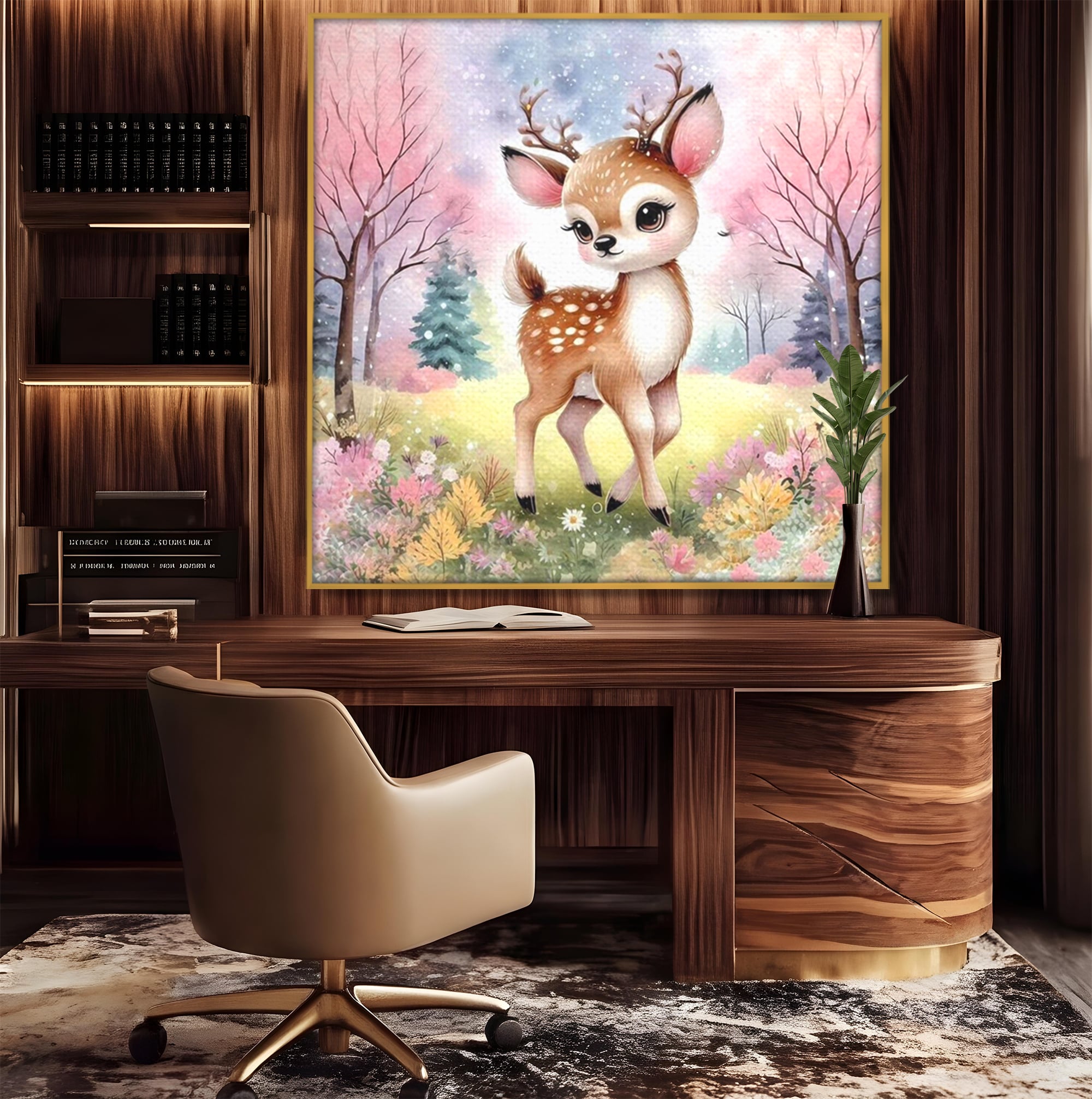 Leinwand Wandkunst Leinwand Premium, LuxCanva® K1068, Kinder Fabel, Hirsch, Tier, Wald, Blumen, Pastell, Frühling, liebenswert, liebenswert, Babyzimmer, Schlafzimmer