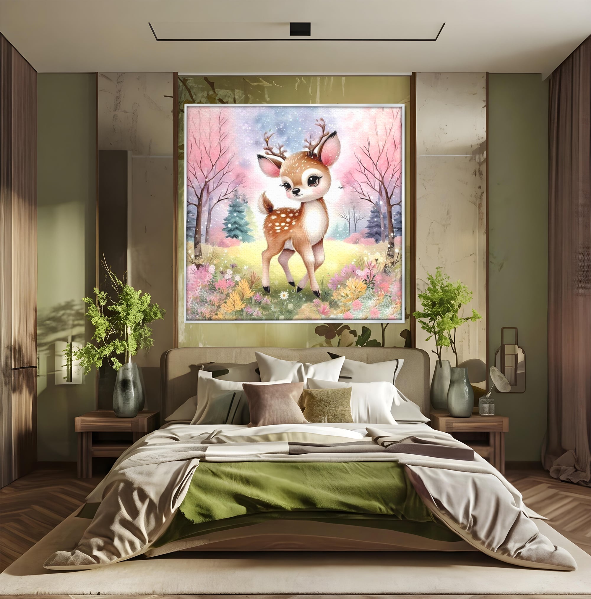 Leinwand Wandkunst Leinwand Premium, LuxCanva® K1068, Kinder Fabel, Hirsch, Tier, Wald, Blumen, Pastell, Frühling, liebenswert, liebenswert, Babyzimmer, Schlafzimmer