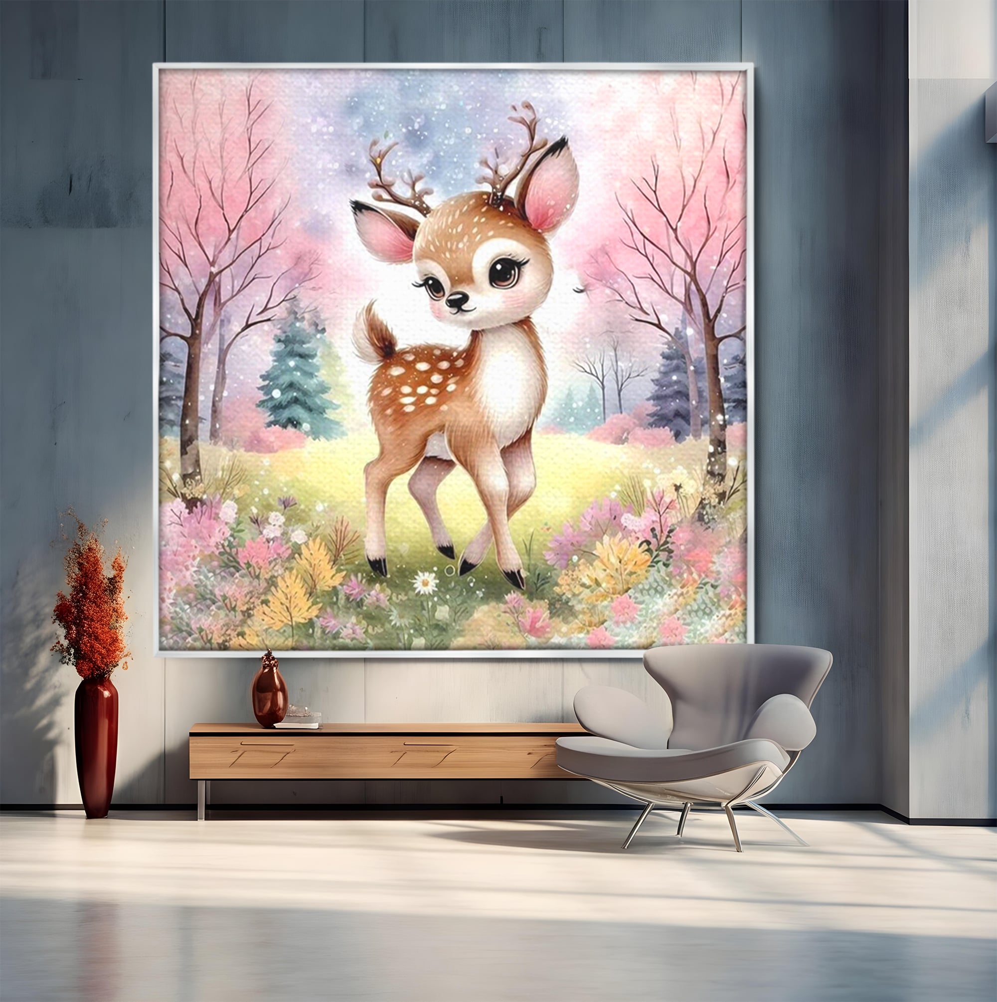 Leinwand Wandkunst Leinwand Premium, LuxCanva® K1068, Kinder Fabel, Hirsch, Tier, Wald, Blumen, Pastell, Frühling, liebenswert, liebenswert, Babyzimmer, Schlafzimmer