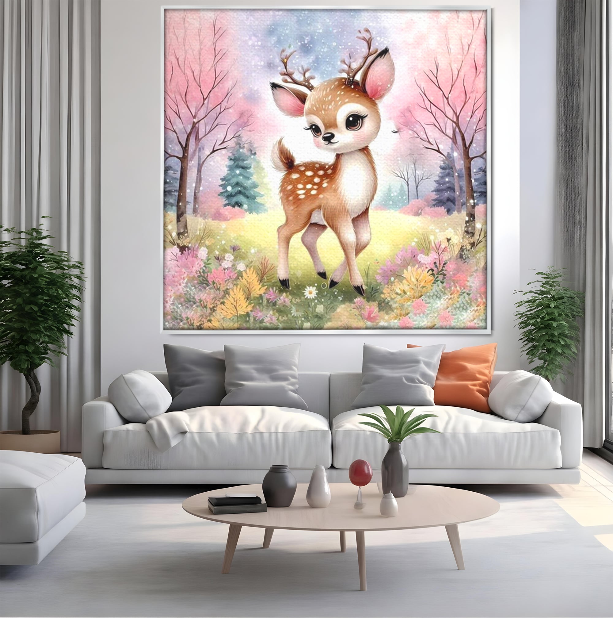 Leinwand Wandkunst Leinwand Premium, LuxCanva® K1068, Kinder Fabel, Hirsch, Tier, Wald, Blumen, Pastell, Frühling, liebenswert, liebenswert, Babyzimmer, Schlafzimmer