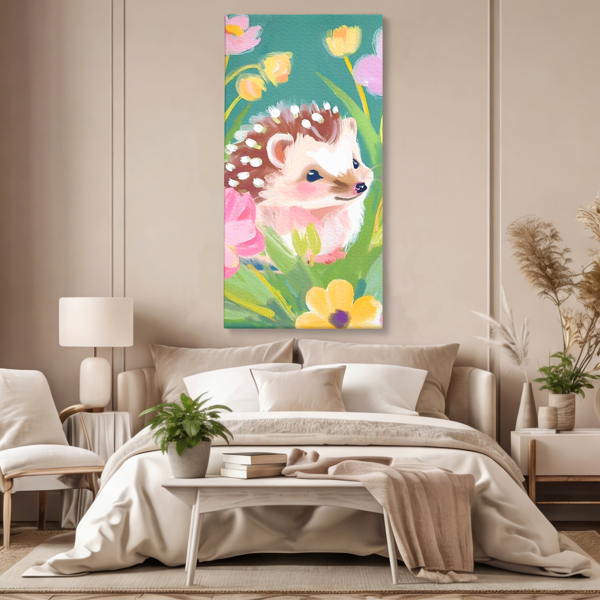 Tablou Canvas Premium, LuxCanva® K1069, Bucuria de a fi Mic, Arici, Flori, Petale, Iarba, Gradina, Pictura, Culori Pastelate, Camera Copil, Dormitor