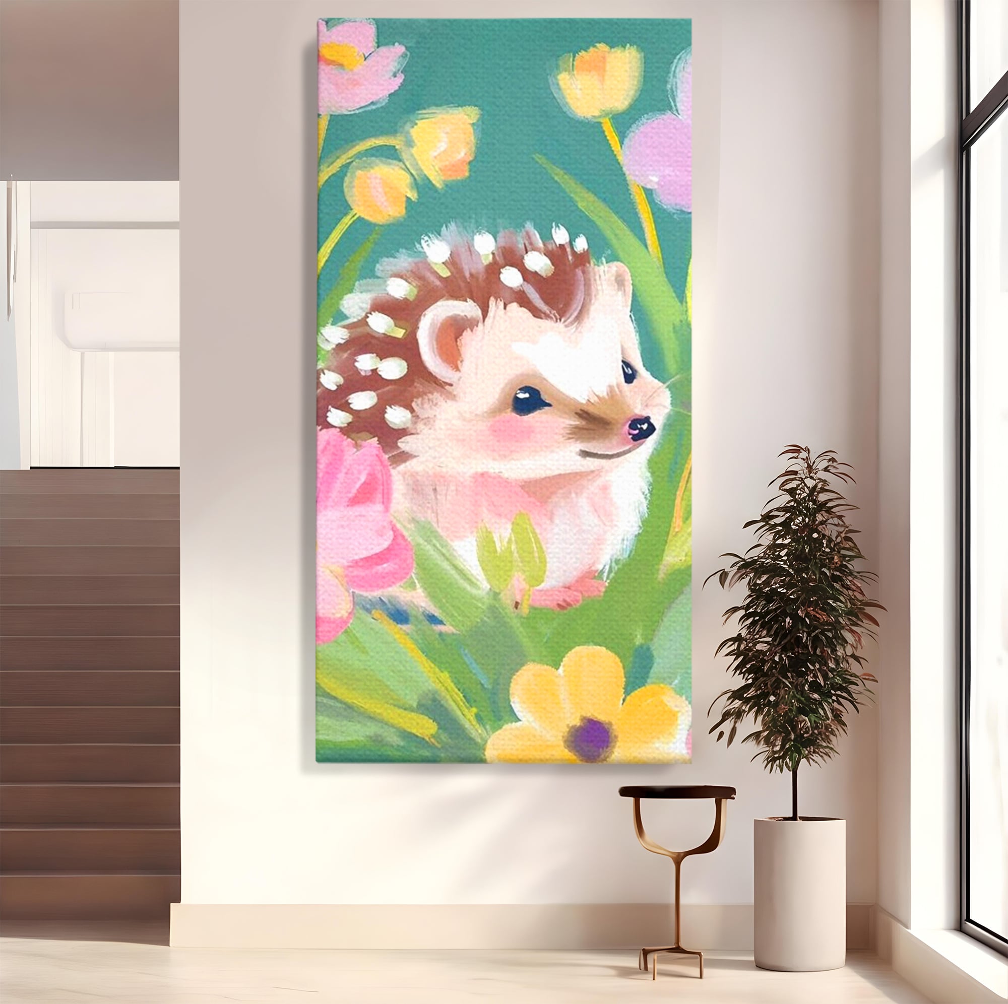Tablou Canvas Premium, LuxCanva® K1069, Bucuria de a fi Mic, Arici, Flori, Petale, Iarba, Gradina, Pictura, Culori Pastelate, Camera Copil, Dormitor