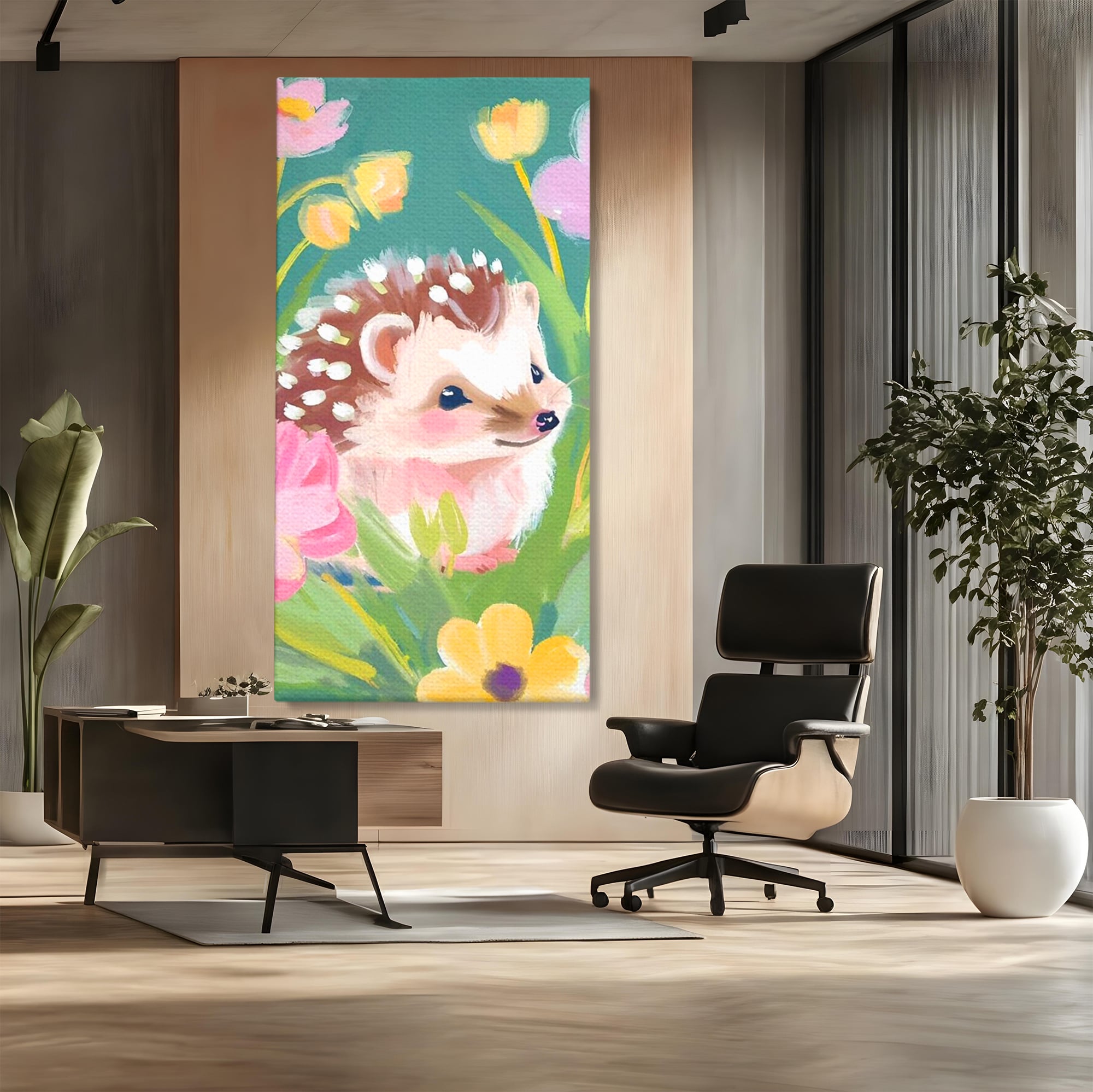 Tablou Canvas Premium, LuxCanva® K1069, Bucuria de a fi Mic, Arici, Flori, Petale, Iarba, Gradina, Pictura, Culori Pastelate, Camera Copil, Dormitor