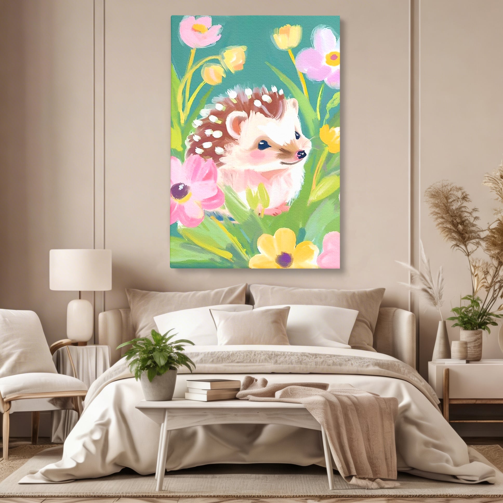 Tablou Canvas Premium, LuxCanva® K1069, Bucuria de a fi Mic, Arici, Flori, Petale, Iarba, Gradina, Pictura, Culori Pastelate, Camera Copil, Dormitor