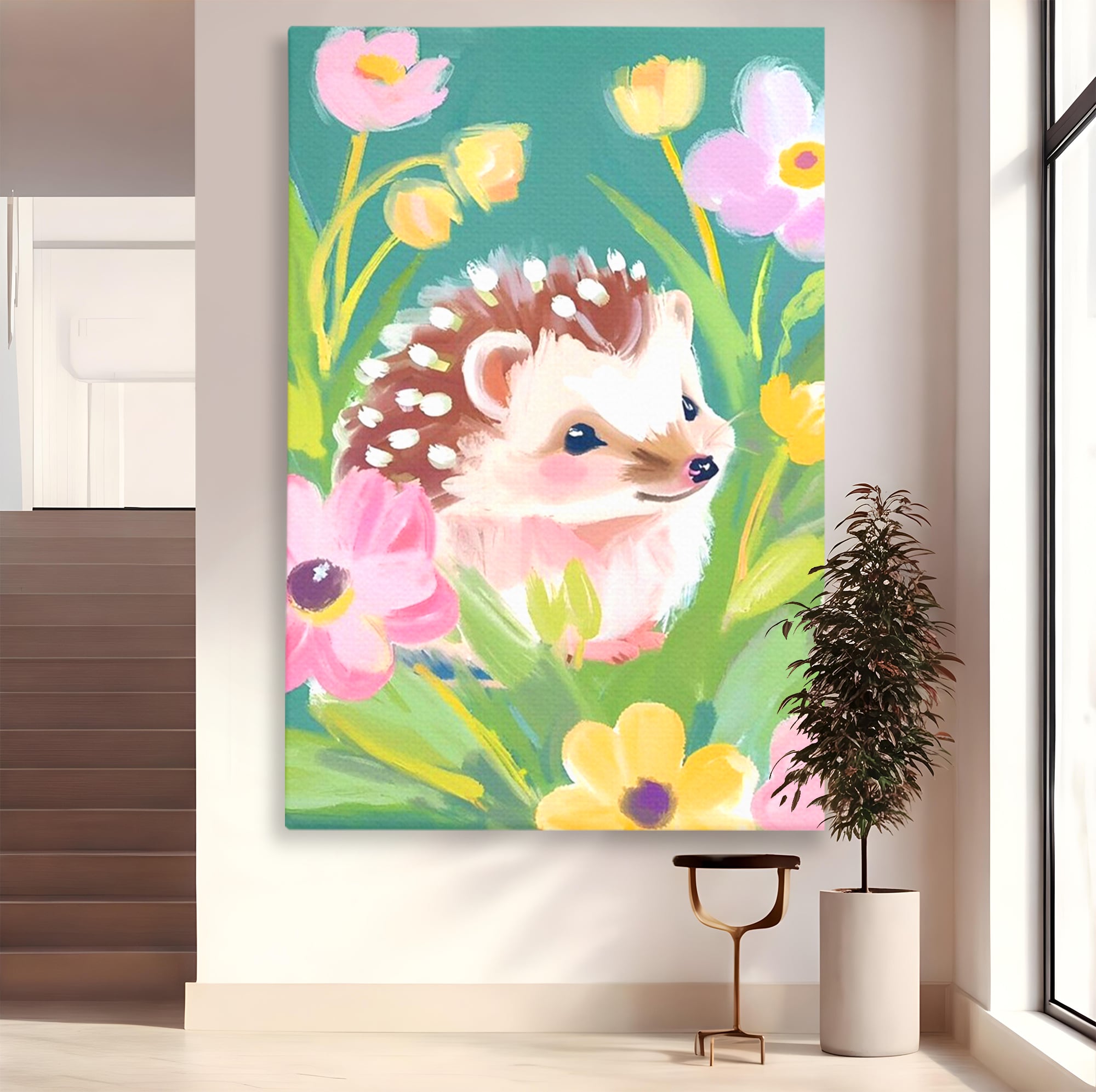 Tablou Canvas Premium, LuxCanva® K1069, Bucuria de a fi Mic, Arici, Flori, Petale, Iarba, Gradina, Pictura, Culori Pastelate, Camera Copil, Dormitor