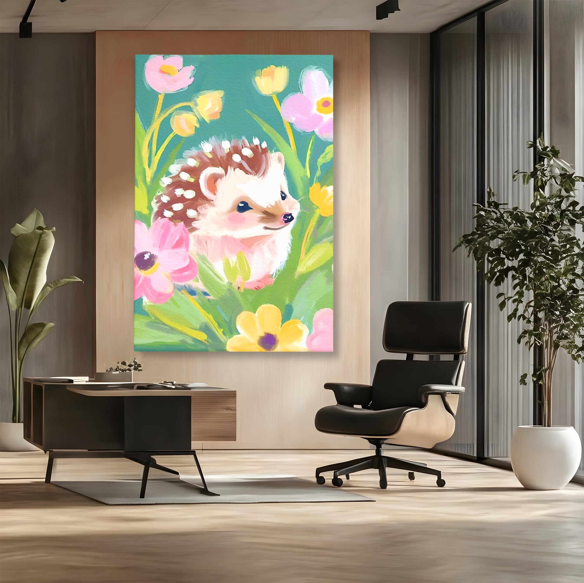 Tablou Canvas Premium, LuxCanva® K1069, Bucuria de a fi Mic, Arici, Flori, Petale, Iarba, Gradina, Pictura, Culori Pastelate, Camera Copil, Dormitor