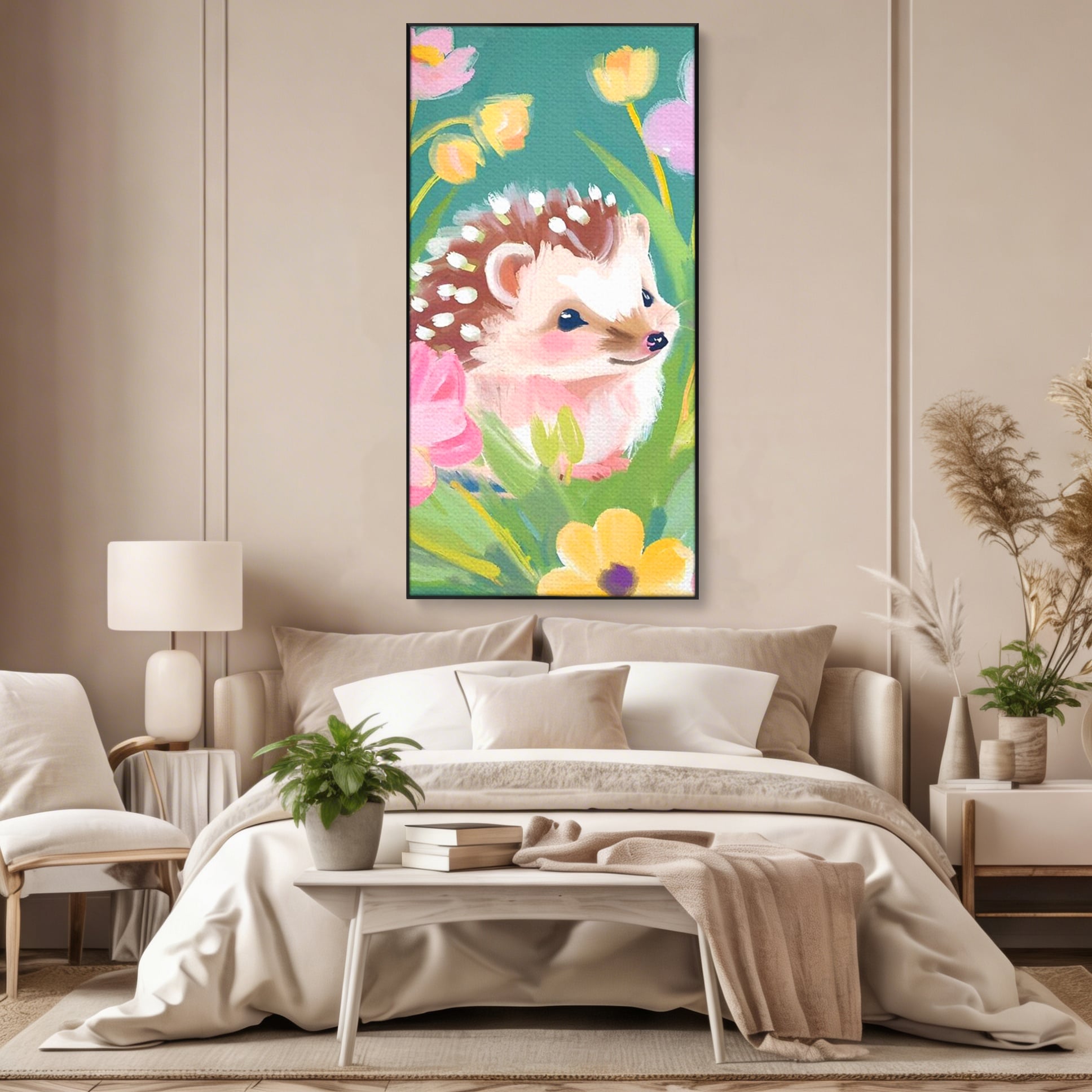 Tablou Canvas Premium, LuxCanva® K1069, Bucuria de a fi Mic, Arici, Flori, Petale, Iarba, Gradina, Pictura, Culori Pastelate, Camera Copil, Dormitor