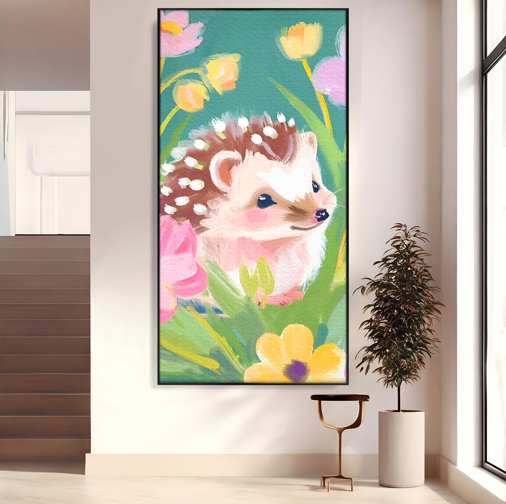 Tablou Canvas Premium, LuxCanva® K1069, Bucuria de a fi Mic, Arici, Flori, Petale, Iarba, Gradina, Pictura, Culori Pastelate, Camera Copil, Dormitor