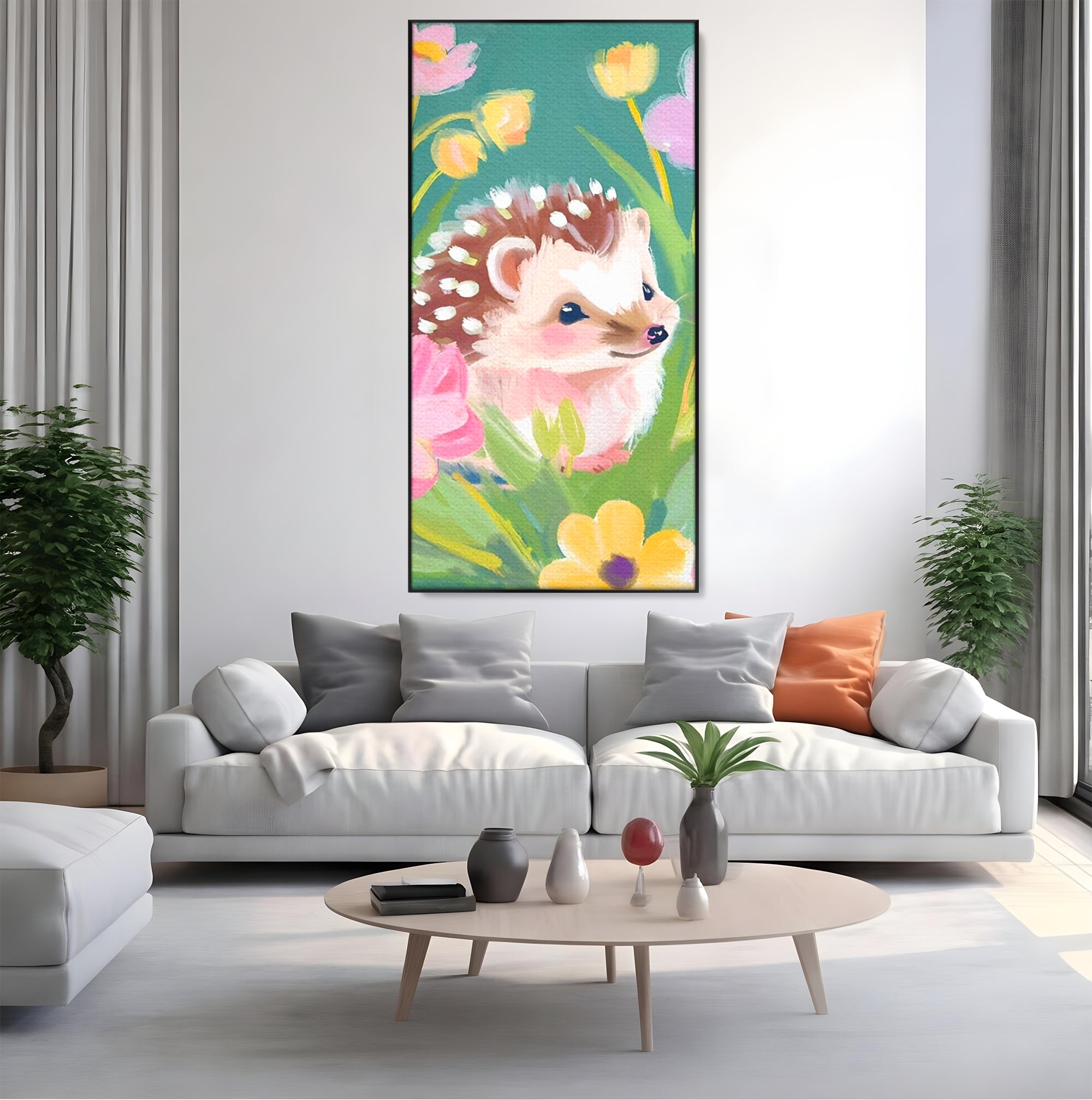 Tablou Canvas Premium, LuxCanva® K1069, Bucuria de a fi Mic, Arici, Flori, Petale, Iarba, Gradina, Pictura, Culori Pastelate, Camera Copil, Dormitor