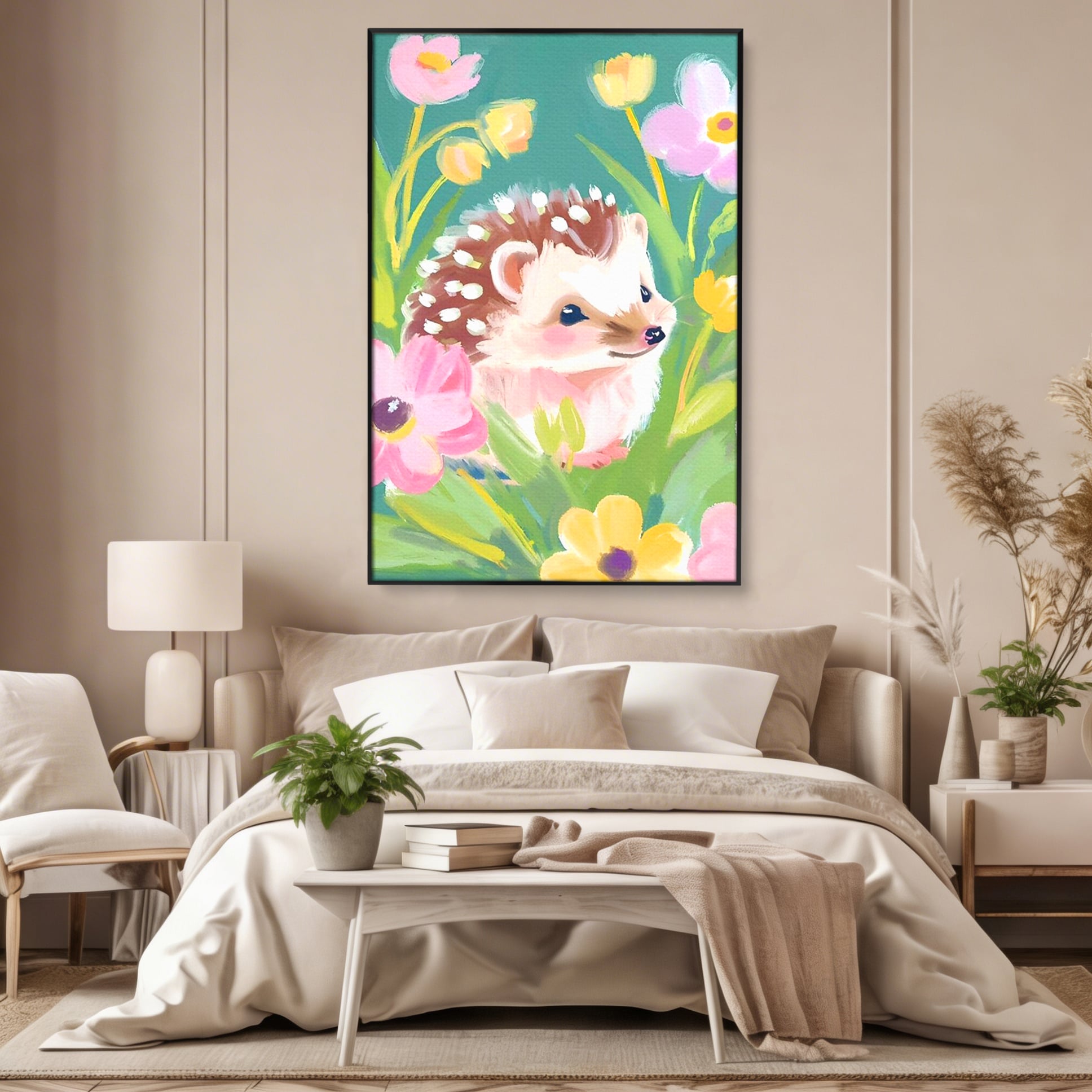 Tablou Canvas Premium, LuxCanva® K1069, Bucuria de a fi Mic, Arici, Flori, Petale, Iarba, Gradina, Pictura, Culori Pastelate, Camera Copil, Dormitor
