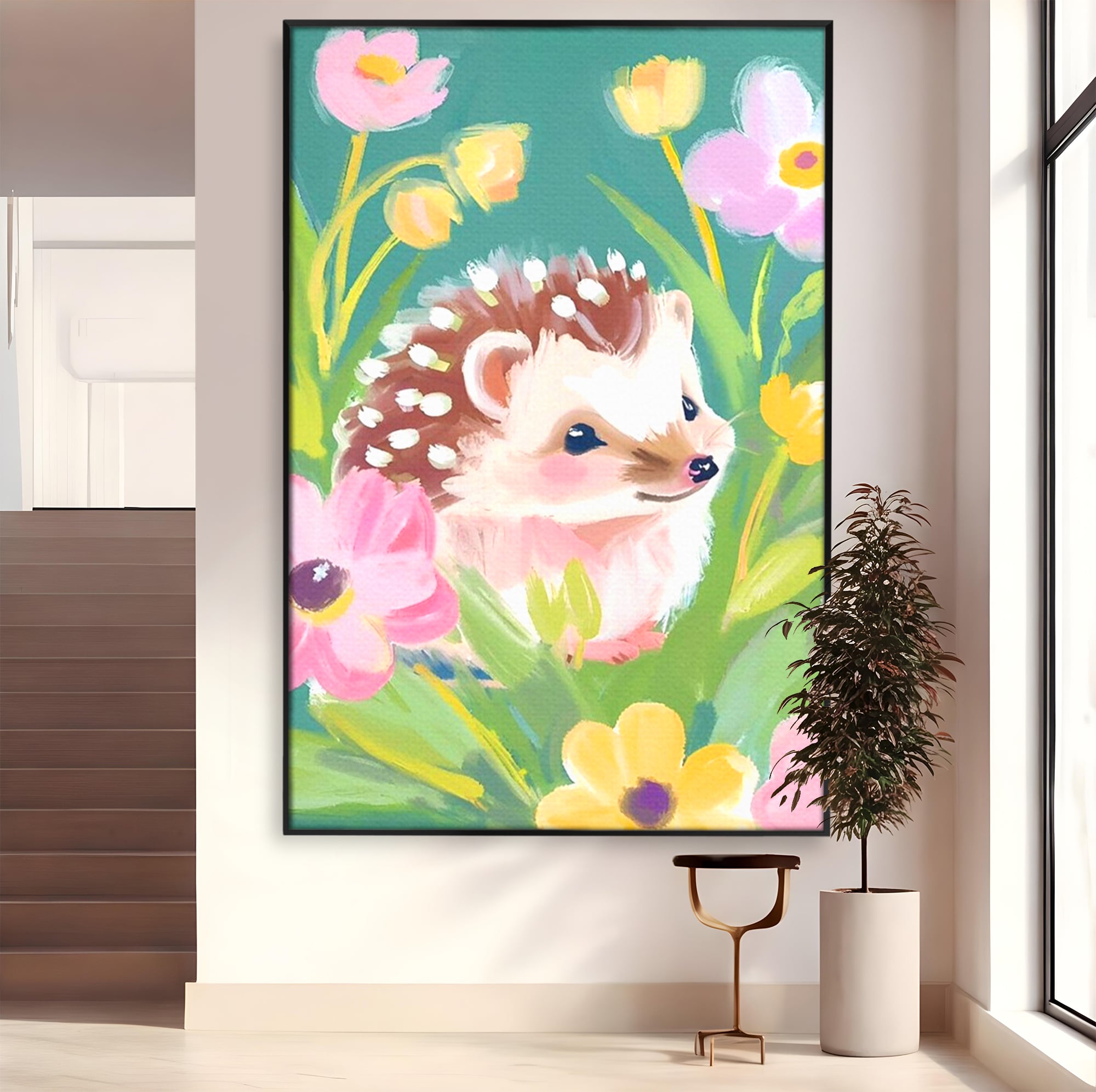 Tablou Canvas Premium, LuxCanva® K1069, Bucuria de a fi Mic, Arici, Flori, Petale, Iarba, Gradina, Pictura, Culori Pastelate, Camera Copil, Dormitor