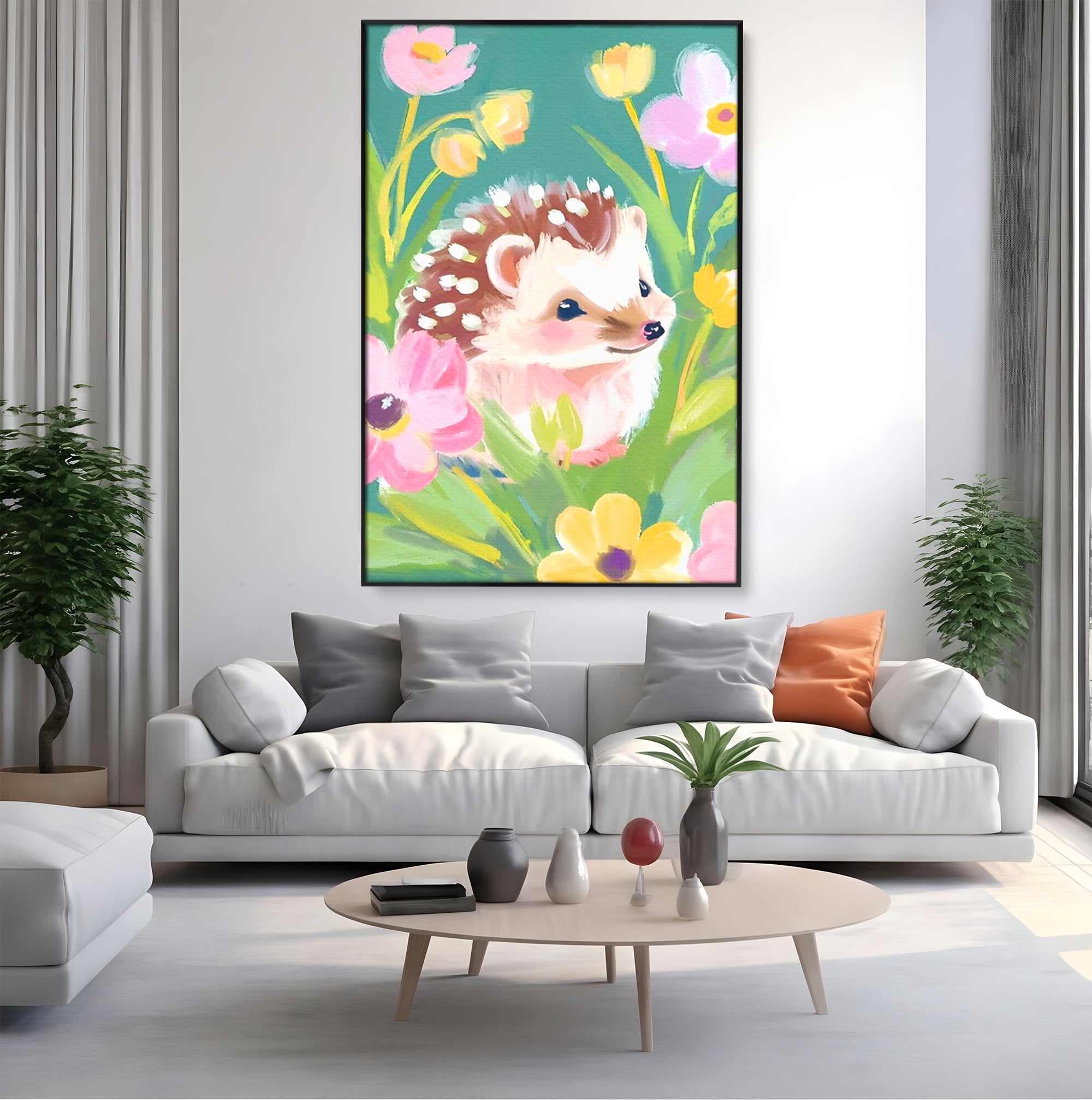 Tablou Canvas Premium, LuxCanva® K1069, Bucuria de a fi Mic, Arici, Flori, Petale, Iarba, Gradina, Pictura, Culori Pastelate, Camera Copil, Dormitor