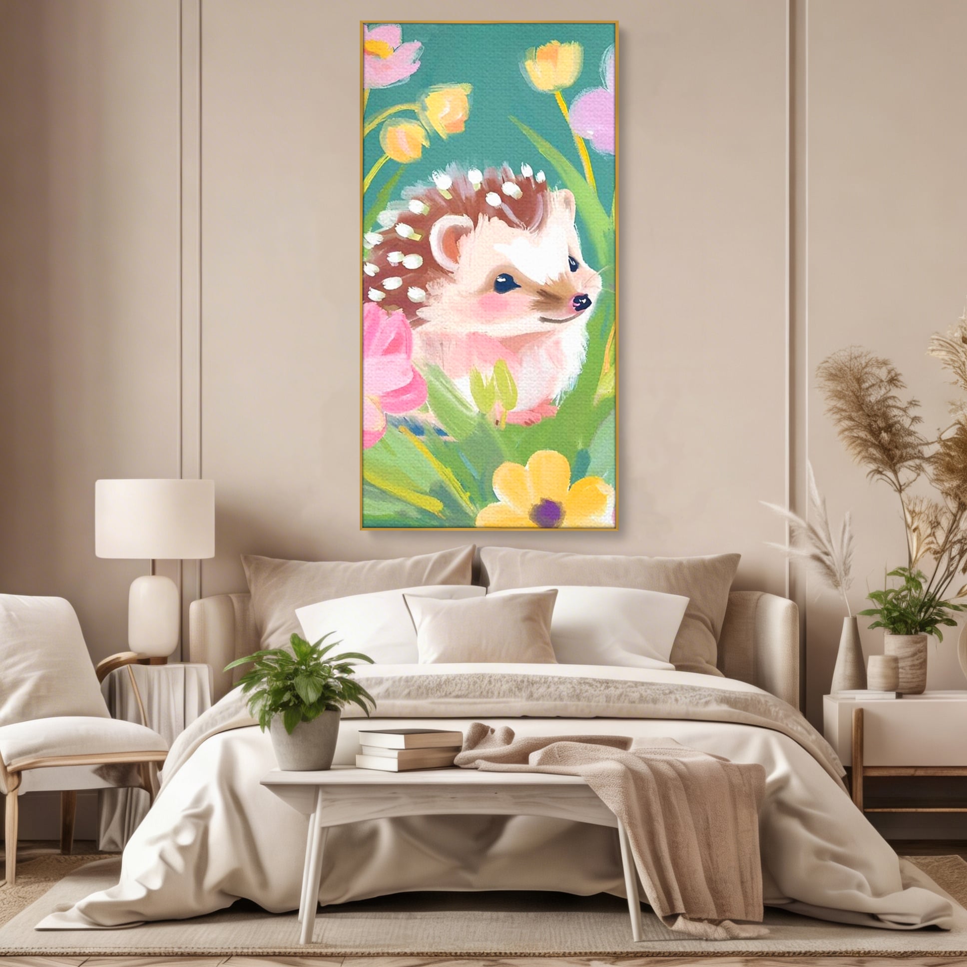 Tablou Canvas Premium, LuxCanva® K1069, Bucuria de a fi Mic, Arici, Flori, Petale, Iarba, Gradina, Pictura, Culori Pastelate, Camera Copil, Dormitor