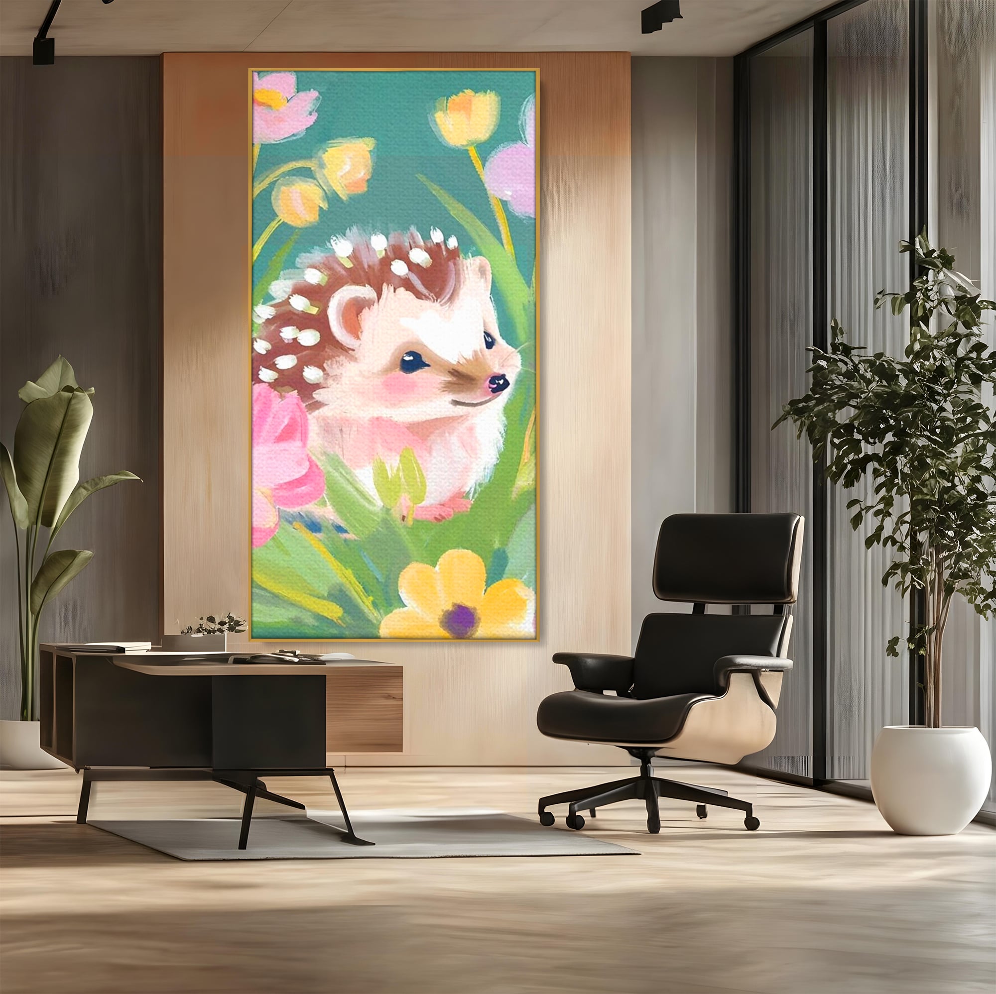 Tablou Canvas Premium, LuxCanva® K1069, Bucuria de a fi Mic, Arici, Flori, Petale, Iarba, Gradina, Pictura, Culori Pastelate, Camera Copil, Dormitor