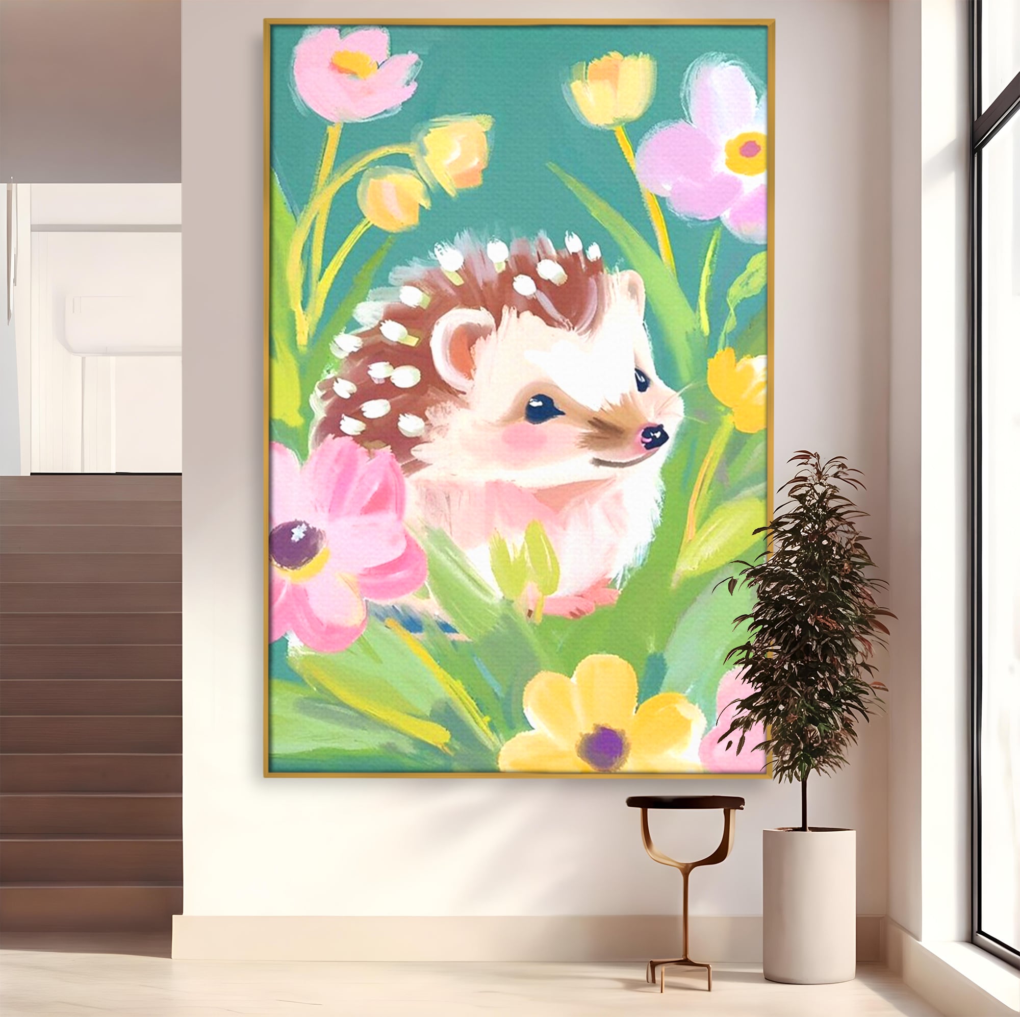 Tablou Canvas Premium, LuxCanva® K1069, Bucuria de a fi Mic, Arici, Flori, Petale, Iarba, Gradina, Pictura, Culori Pastelate, Camera Copil, Dormitor