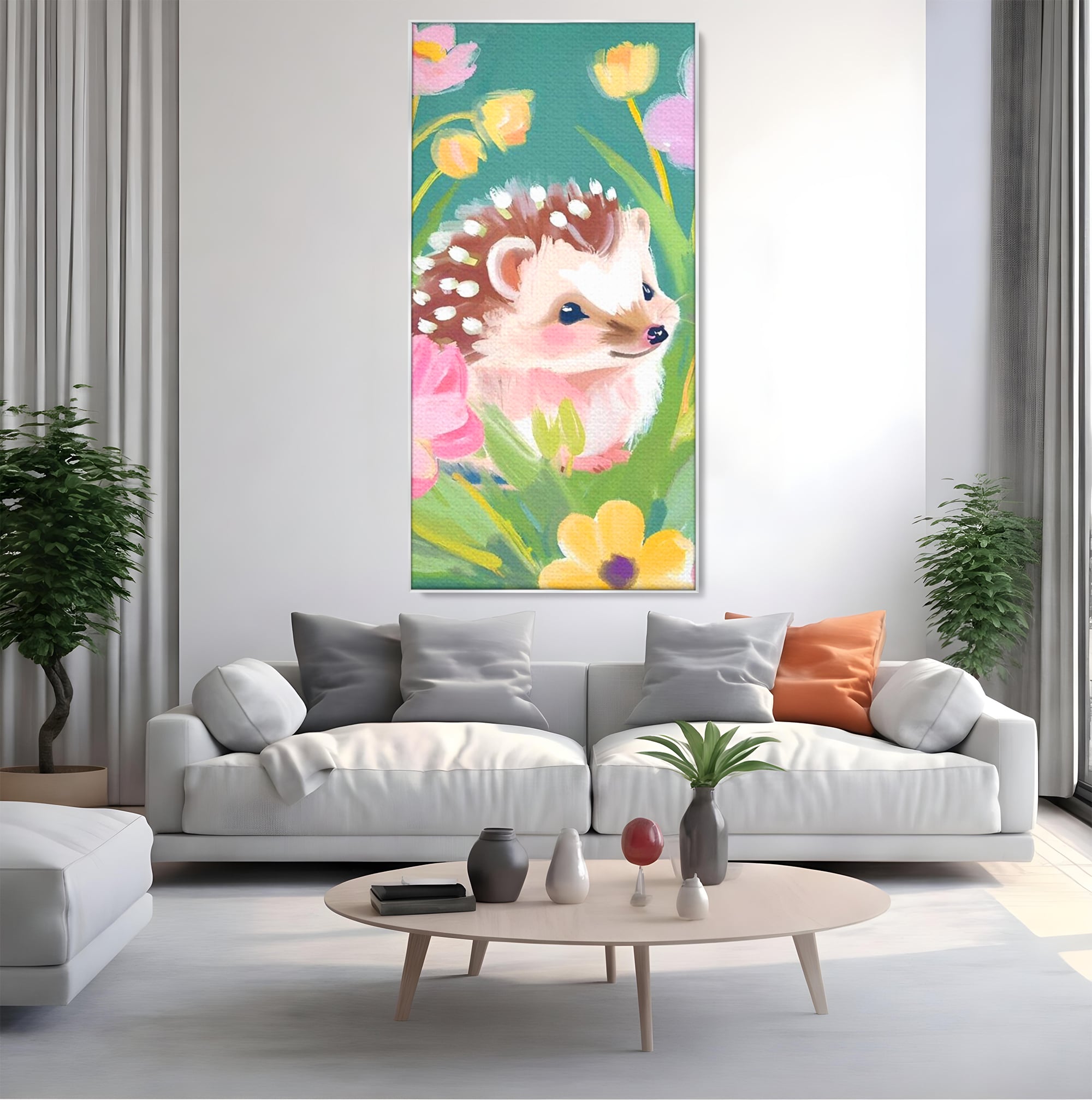 Tablou Canvas Premium, LuxCanva® K1069, Bucuria de a fi Mic, Arici, Flori, Petale, Iarba, Gradina, Pictura, Culori Pastelate, Camera Copil, Dormitor
