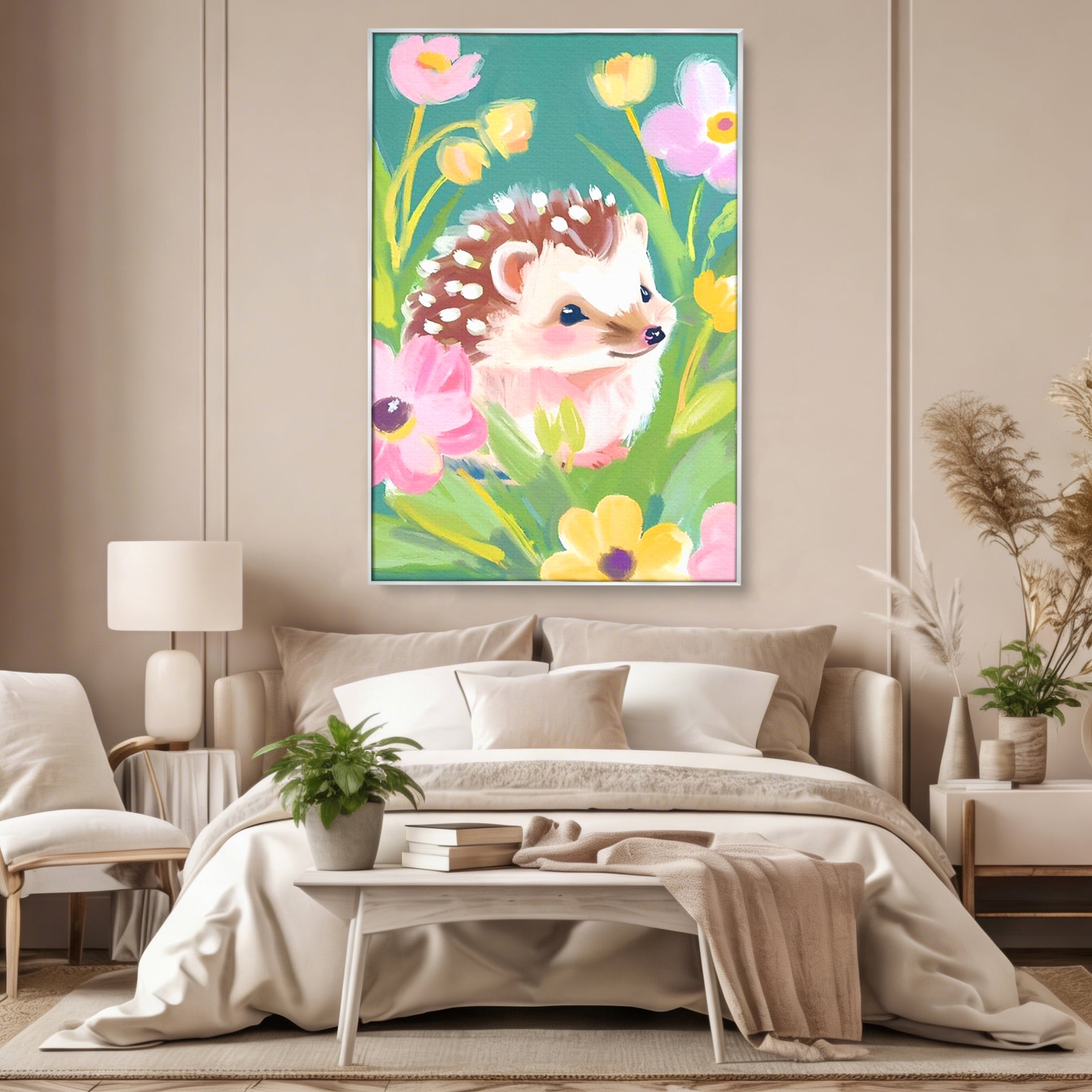 Tablou Canvas Premium, LuxCanva® K1069, Bucuria de a fi Mic, Arici, Flori, Petale, Iarba, Gradina, Pictura, Culori Pastelate, Camera Copil, Dormitor