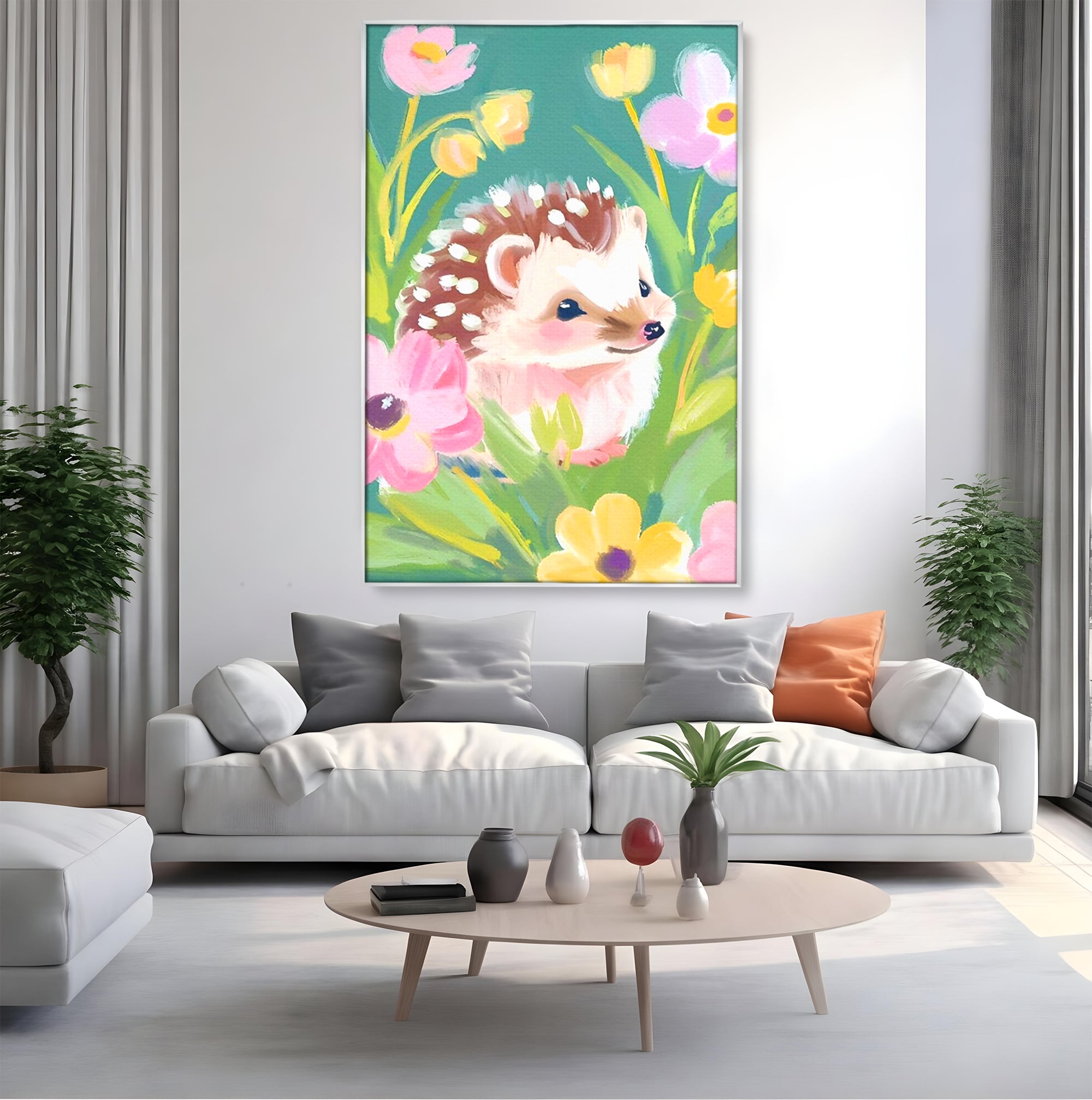 Tablou Canvas Premium, LuxCanva® K1069, Bucuria de a fi Mic, Arici, Flori, Petale, Iarba, Gradina, Pictura, Culori Pastelate, Camera Copil, Dormitor