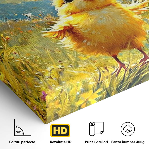 Leinwand Wandkunst Canvas Wandkunst Premium, LuxCanva® K1070, Feld der kleinen Wunder, Huhn, Schmetterling, Landschaft, Vogel, Blumen, Licht, Freude, Unschuld, Babyzimmer, Schlafzimmer