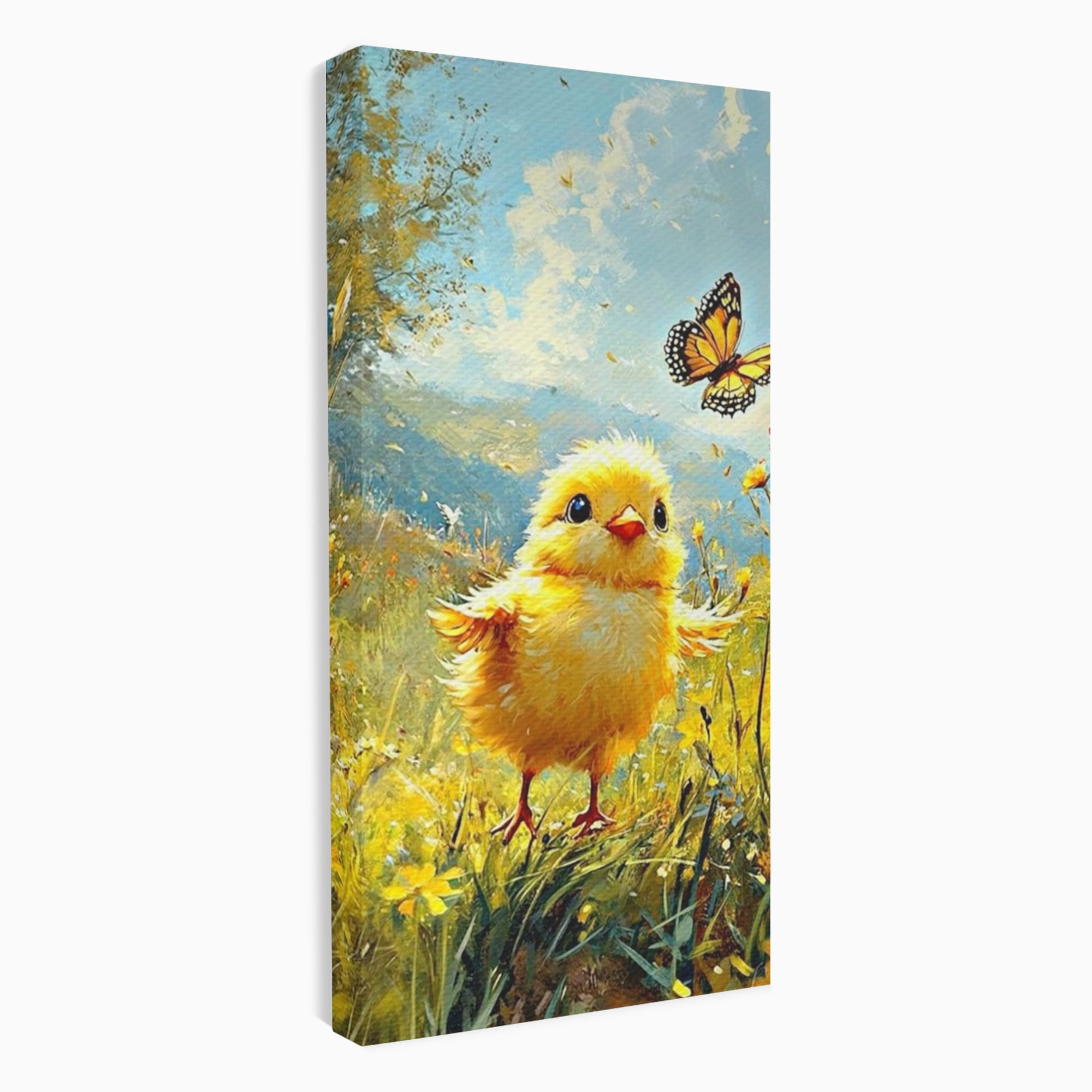 Leinwand Wandkunst Canvas Wandkunst Premium, LuxCanva® K1070, Feld der kleinen Wunder, Huhn, Schmetterling, Landschaft, Vogel, Blumen, Licht, Freude, Unschuld, Babyzimmer, Schlafzimmer