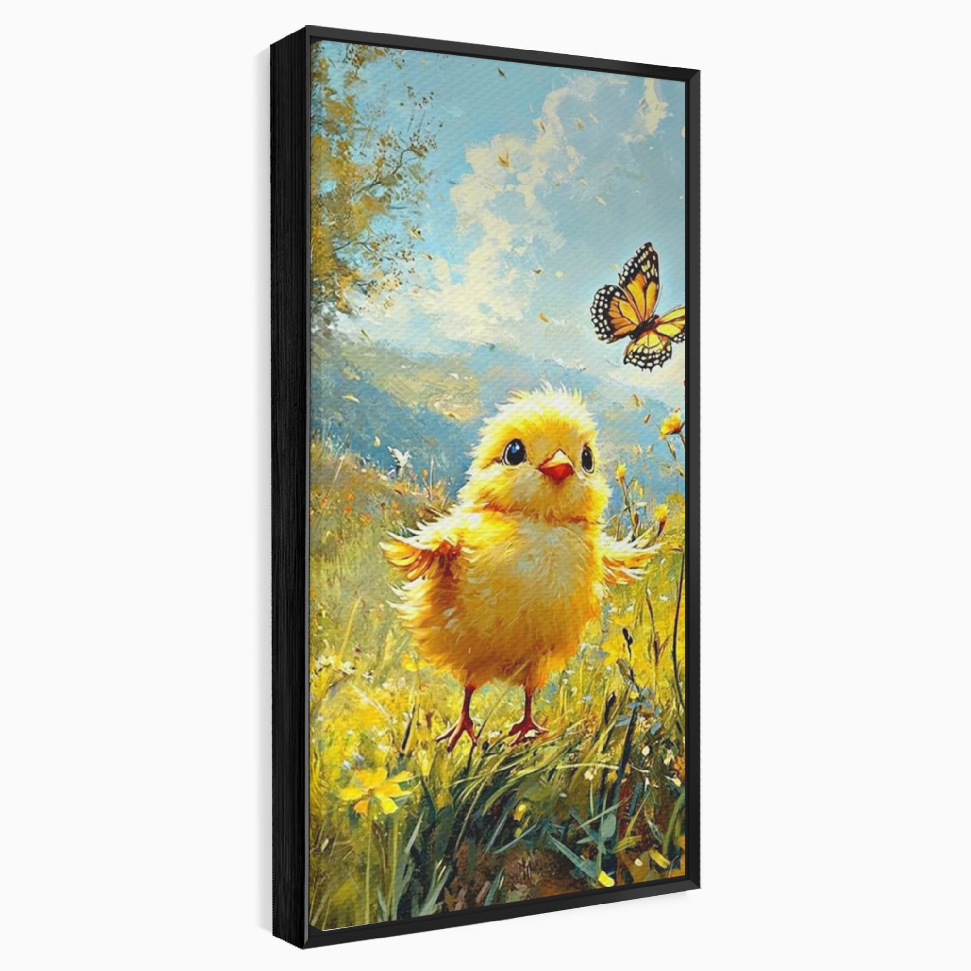 Leinwand Wandkunst Canvas Wandkunst Premium, LuxCanva® K1070, Feld der kleinen Wunder, Huhn, Schmetterling, Landschaft, Vogel, Blumen, Licht, Freude, Unschuld, Babyzimmer, Schlafzimmer