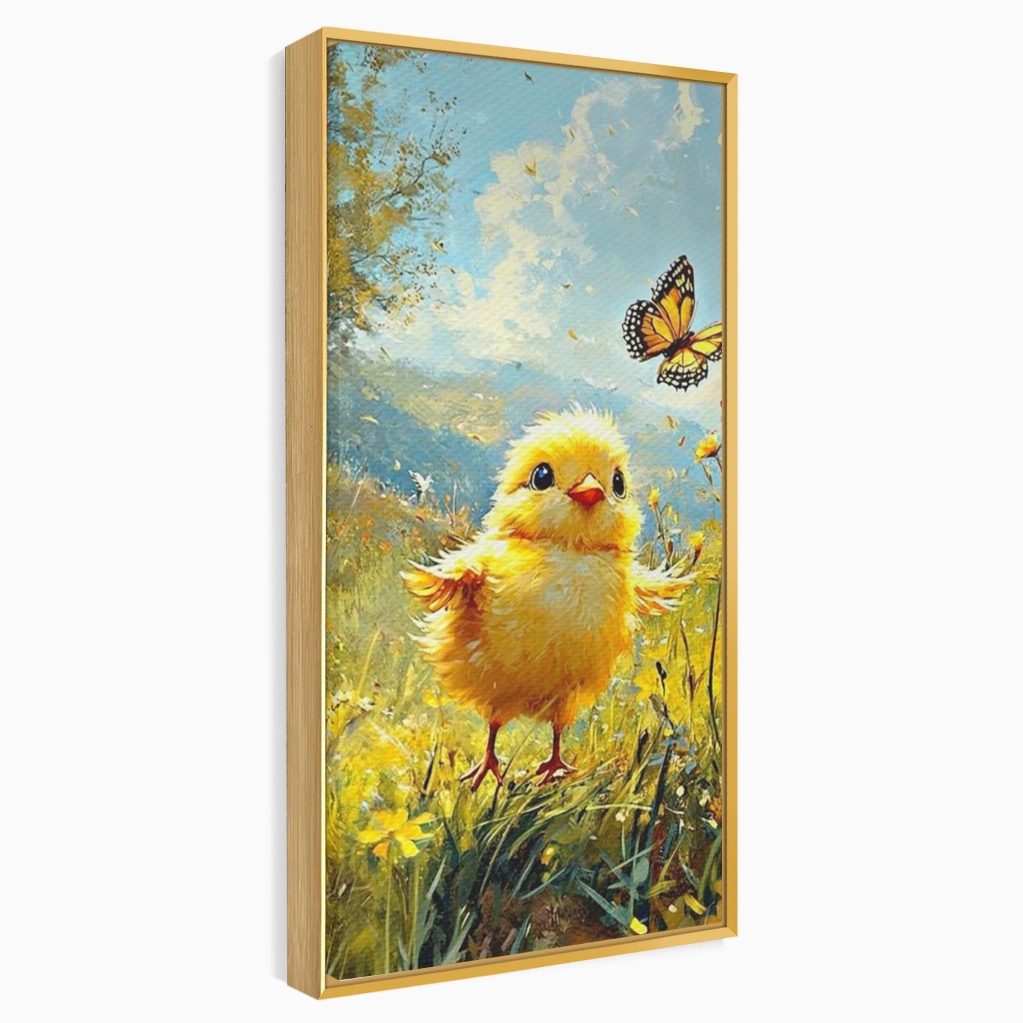 Leinwand Wandkunst Canvas Wandkunst Premium, LuxCanva® K1070, Feld der kleinen Wunder, Huhn, Schmetterling, Landschaft, Vogel, Blumen, Licht, Freude, Unschuld, Babyzimmer, Schlafzimmer