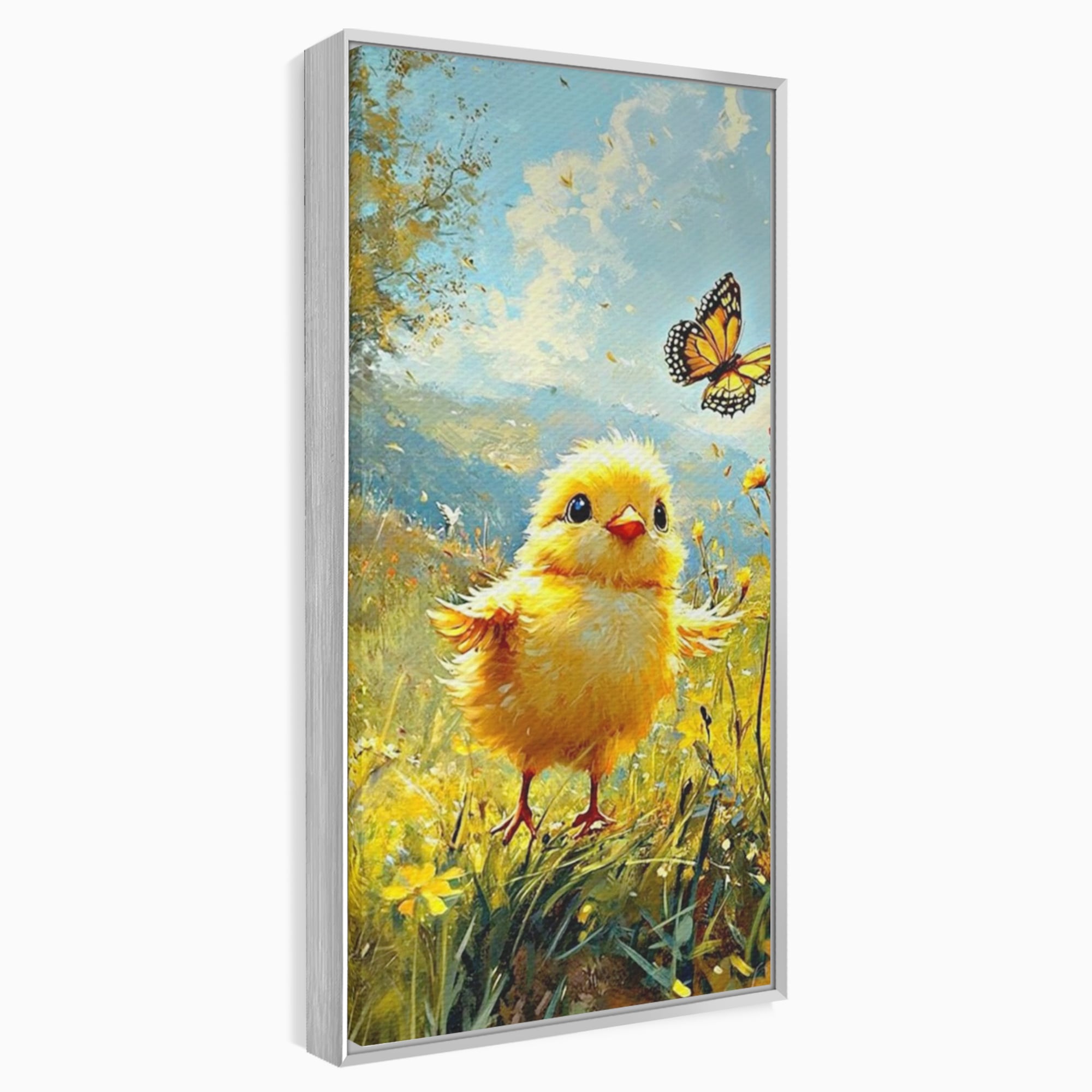 Leinwand Wandkunst Canvas Wandkunst Premium, LuxCanva® K1070, Feld der kleinen Wunder, Huhn, Schmetterling, Landschaft, Vogel, Blumen, Licht, Freude, Unschuld, Babyzimmer, Schlafzimmer