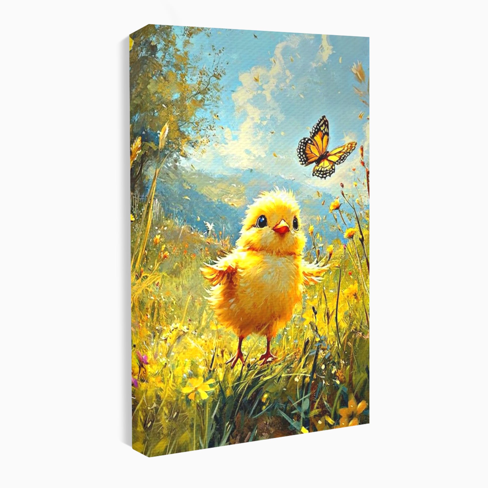 Leinwand Wandkunst Canvas Wandkunst Premium, LuxCanva® K1070, Feld der kleinen Wunder, Huhn, Schmetterling, Landschaft, Vogel, Blumen, Licht, Freude, Unschuld, Babyzimmer, Schlafzimmer