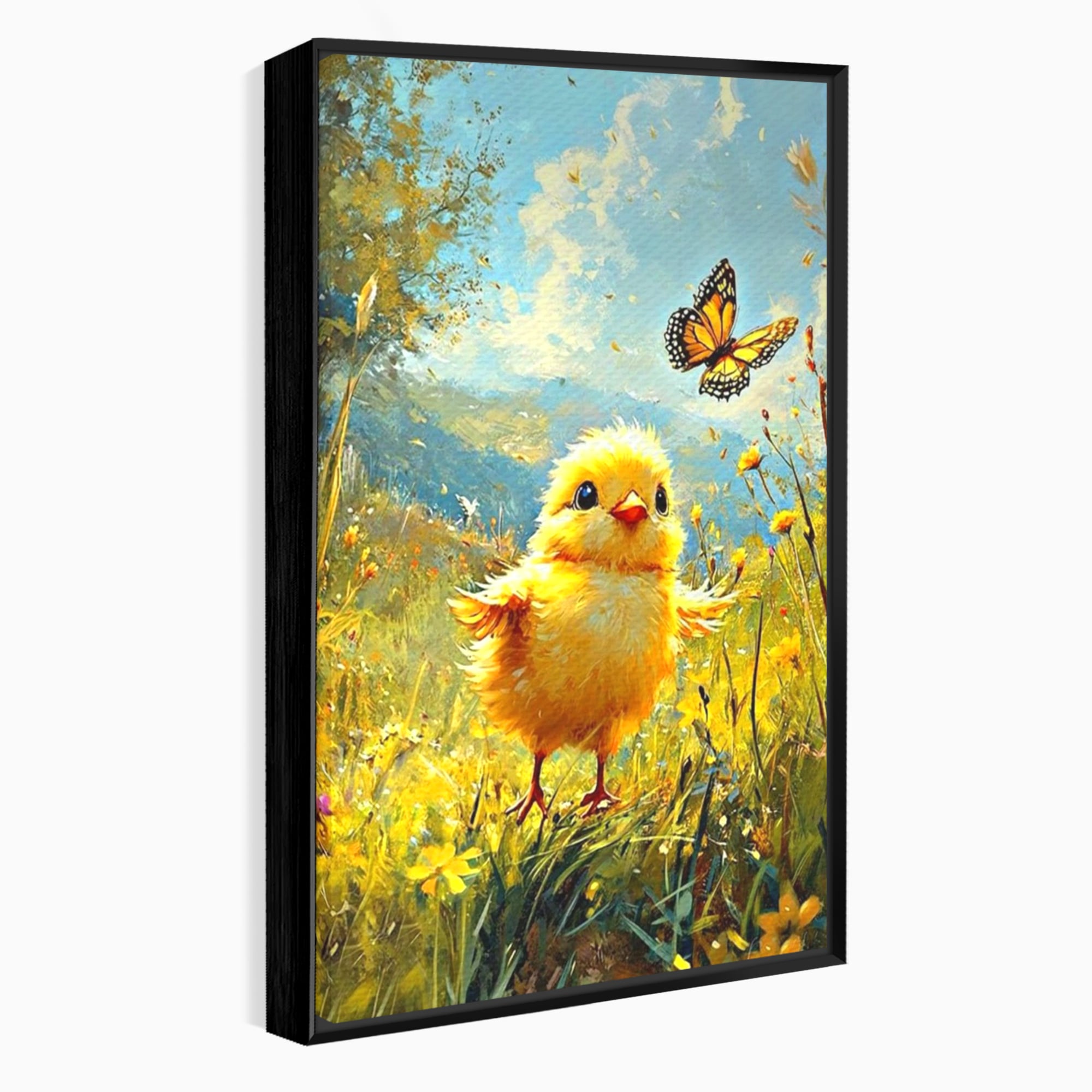 Leinwand Wandkunst Canvas Wandkunst Premium, LuxCanva® K1070, Feld der kleinen Wunder, Huhn, Schmetterling, Landschaft, Vogel, Blumen, Licht, Freude, Unschuld, Babyzimmer, Schlafzimmer