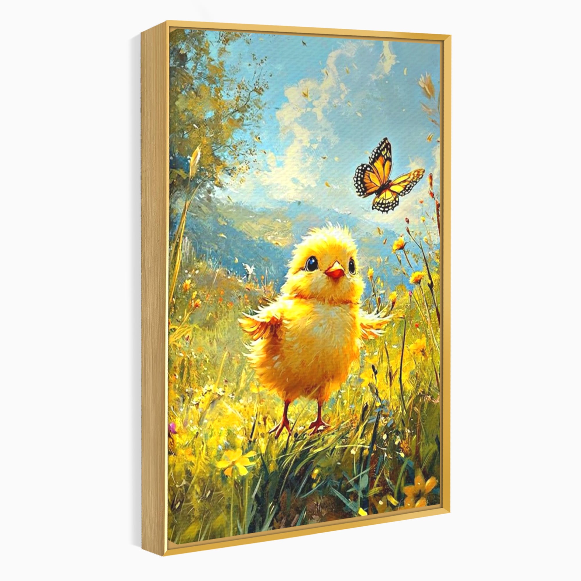 Leinwand Wandkunst Canvas Wandkunst Premium, LuxCanva® K1070, Feld der kleinen Wunder, Huhn, Schmetterling, Landschaft, Vogel, Blumen, Licht, Freude, Unschuld, Babyzimmer, Schlafzimmer