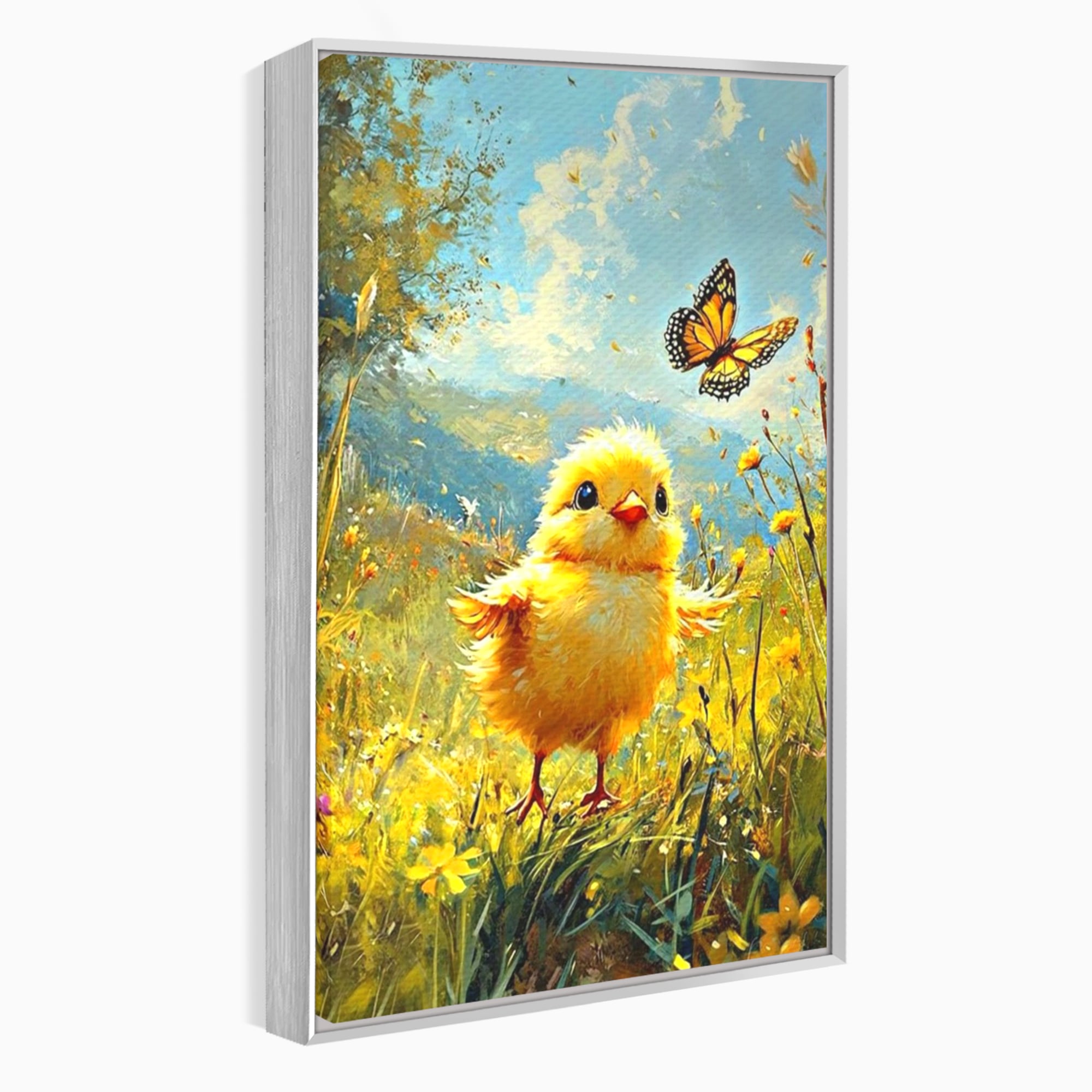 Leinwand Wandkunst Canvas Wandkunst Premium, LuxCanva® K1070, Feld der kleinen Wunder, Huhn, Schmetterling, Landschaft, Vogel, Blumen, Licht, Freude, Unschuld, Babyzimmer, Schlafzimmer