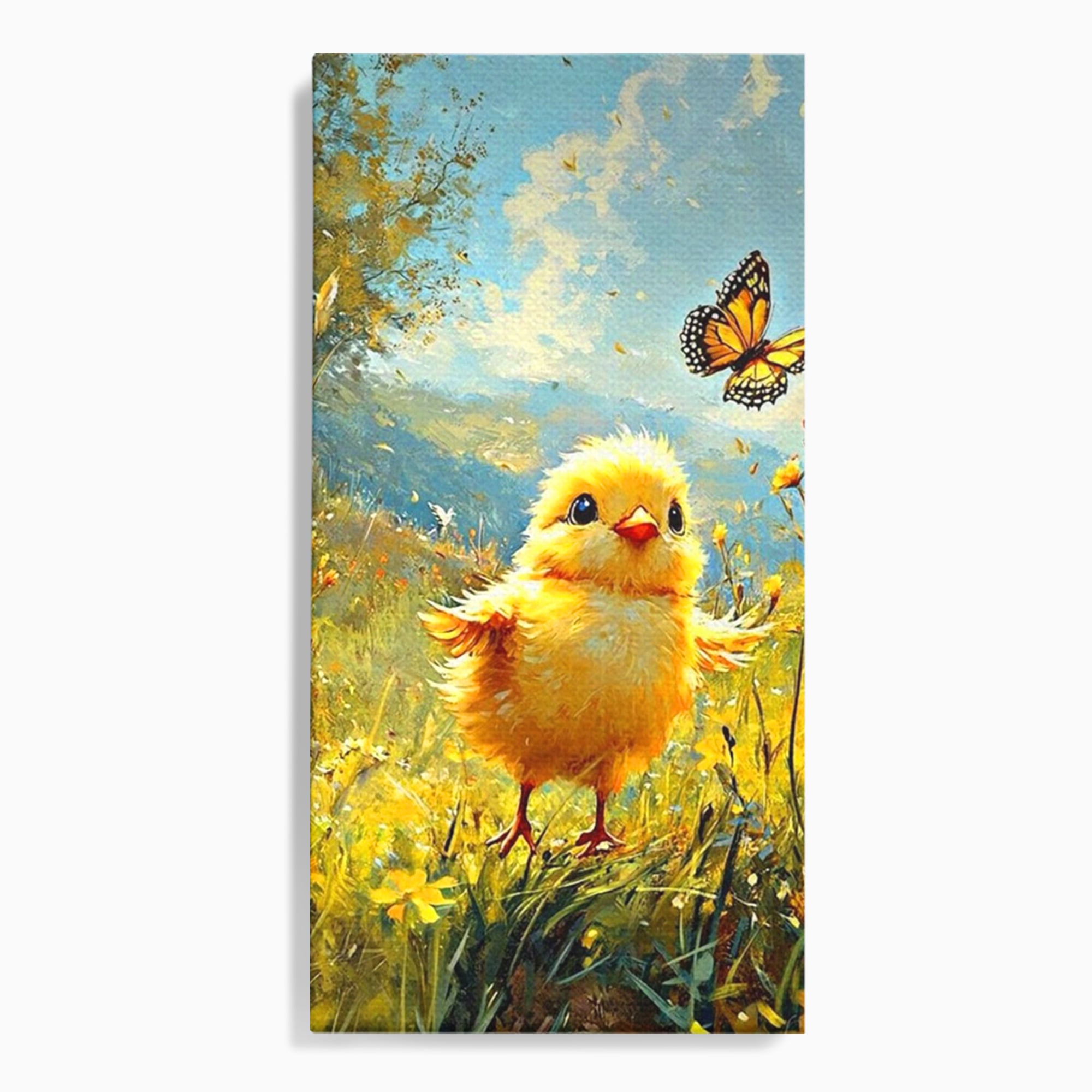 Leinwand Wandkunst Canvas Wandkunst Premium, LuxCanva® K1070, Feld der kleinen Wunder, Huhn, Schmetterling, Landschaft, Vogel, Blumen, Licht, Freude, Unschuld, Babyzimmer, Schlafzimmer
