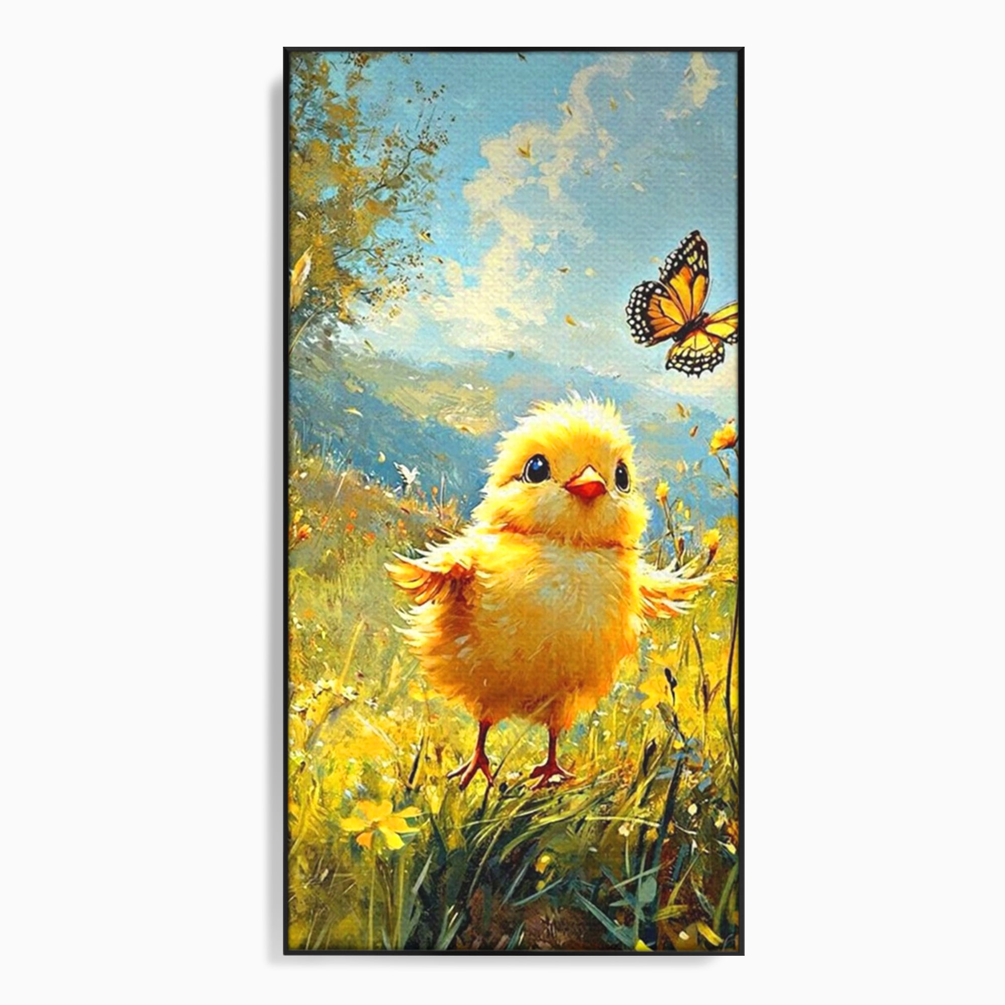 Leinwand Wandkunst Canvas Wandkunst Premium, LuxCanva® K1070, Feld der kleinen Wunder, Huhn, Schmetterling, Landschaft, Vogel, Blumen, Licht, Freude, Unschuld, Babyzimmer, Schlafzimmer
